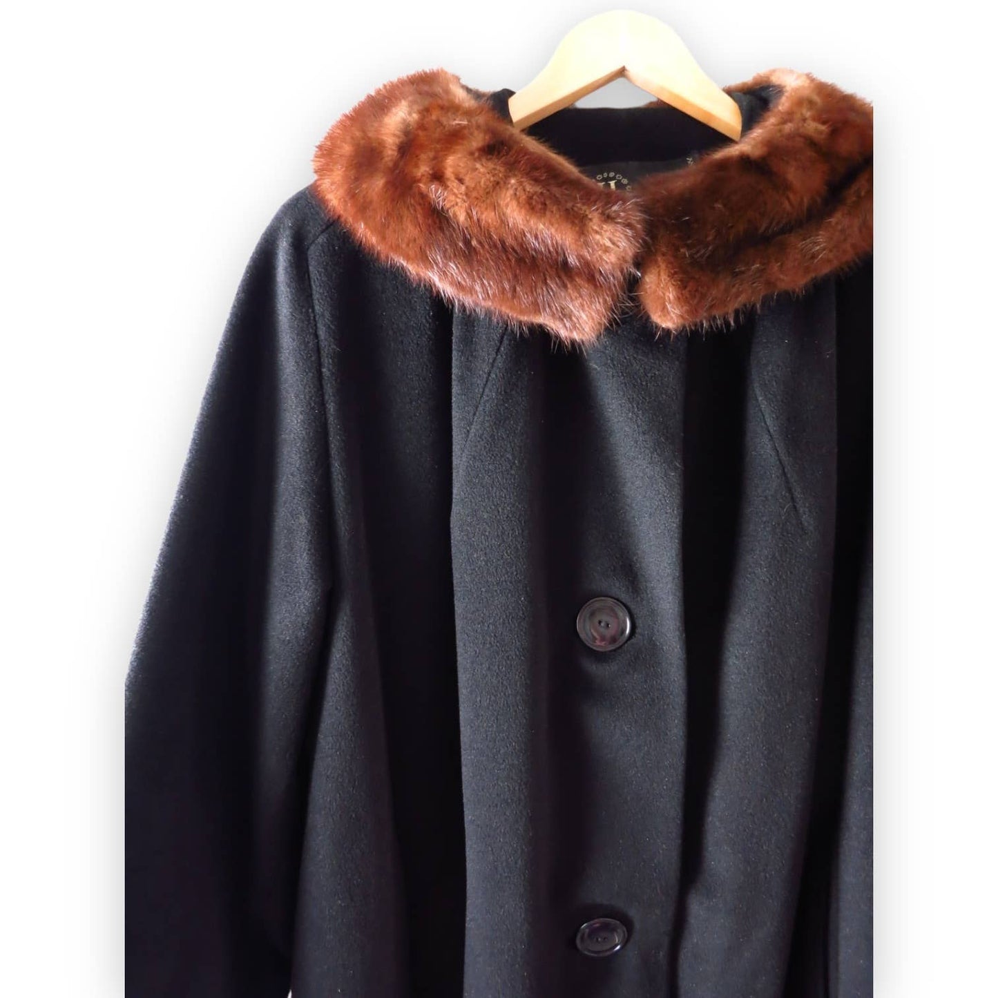 60s Vintage Black Wool Coat Mink Trim Size XL