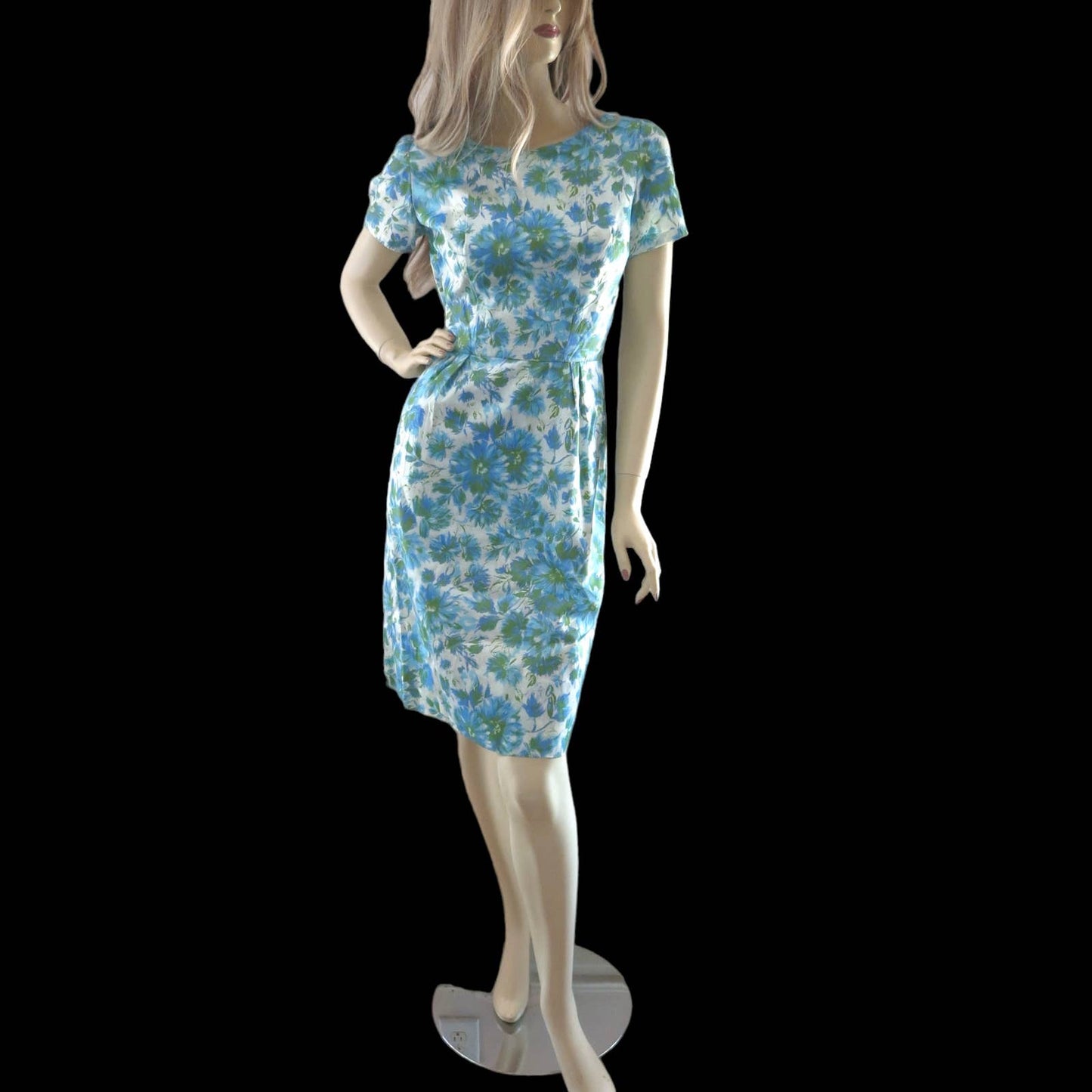 50s Vintage Blue Floral Wiggle Dress XS/S