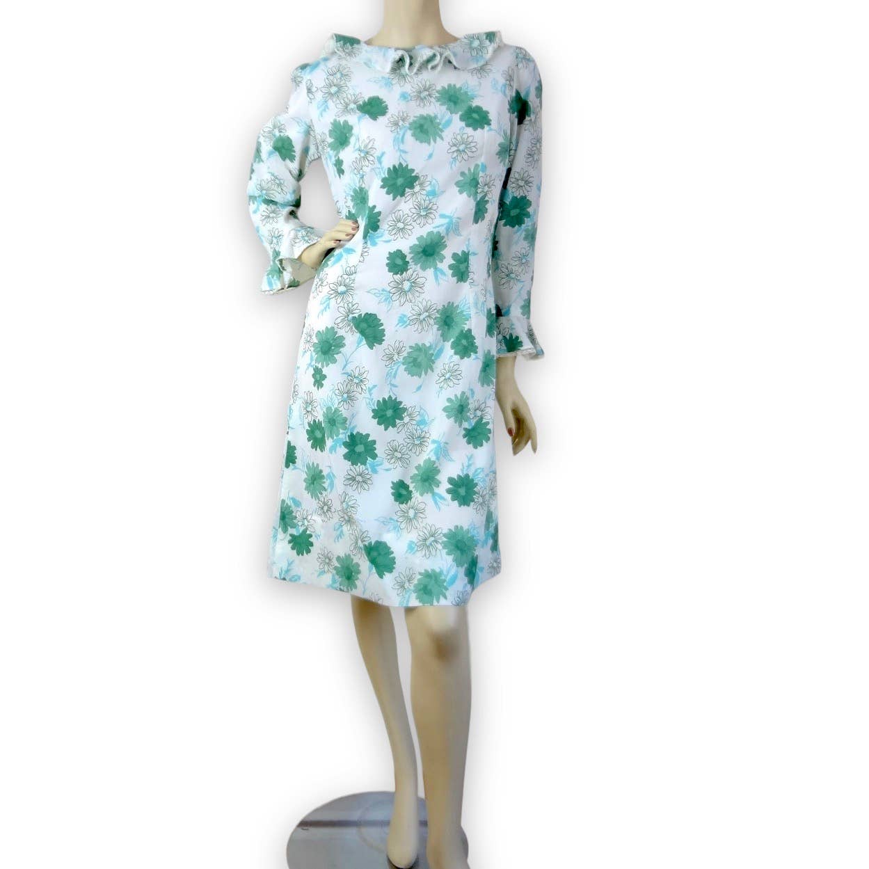 60s Vintage Daisy Print Ruffle Sleeve A-Line Dress M