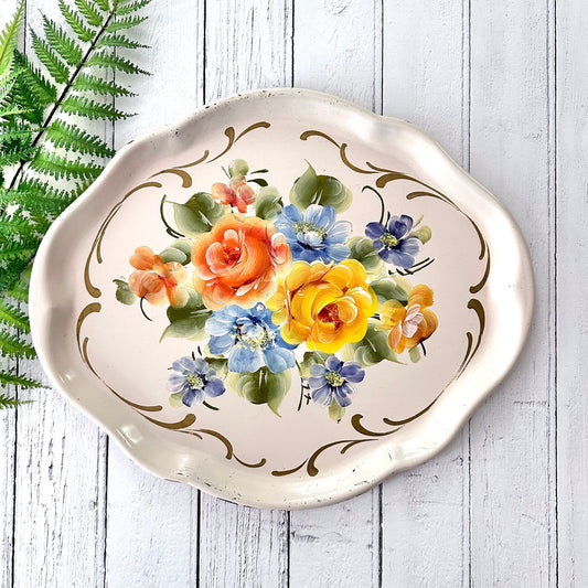 Vintage Hand Painted Toleware Tray Pale Cream Floral Cottage Farmhouse