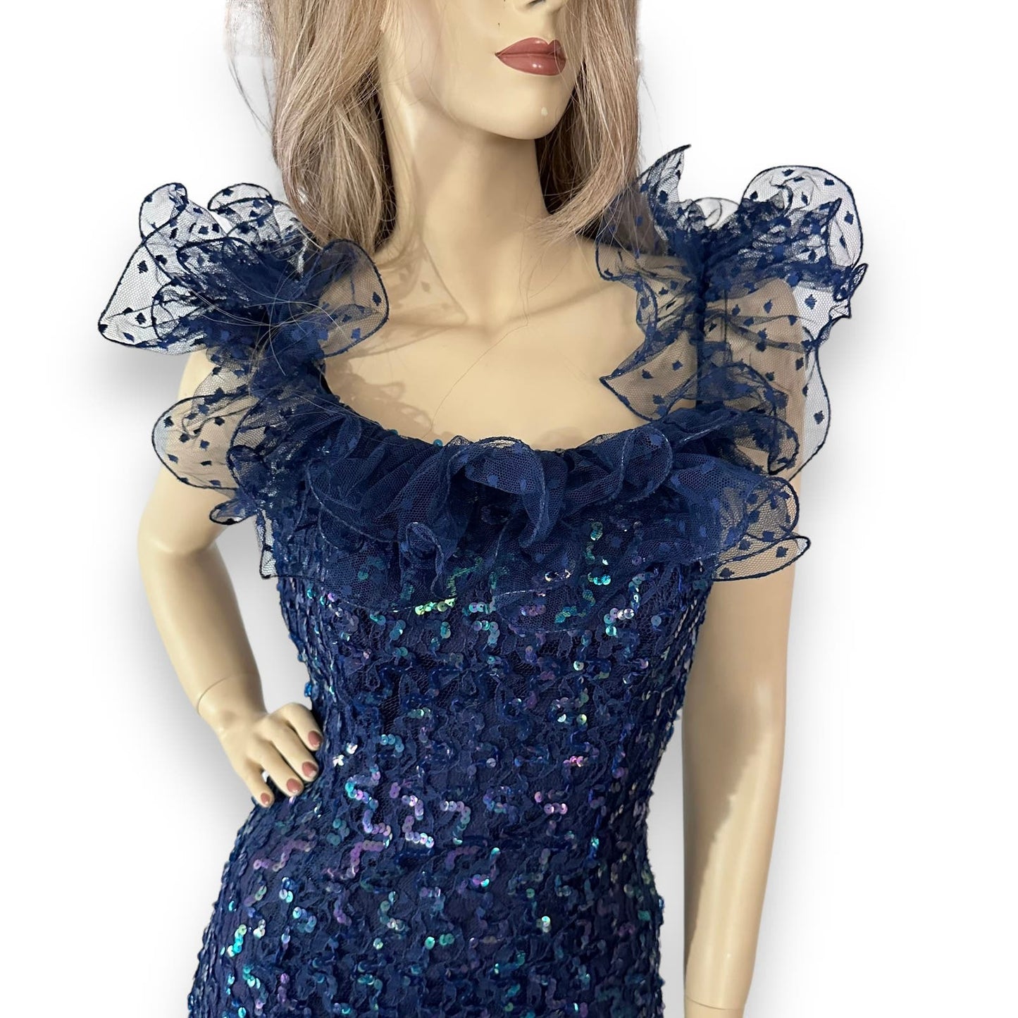 80s Vintage Ruffled Shoulder Sequined Blue Party Dress Size 4