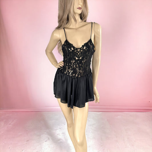 80s Vintage Black Satin & Lace Teddie Mini Slip Dress Size M