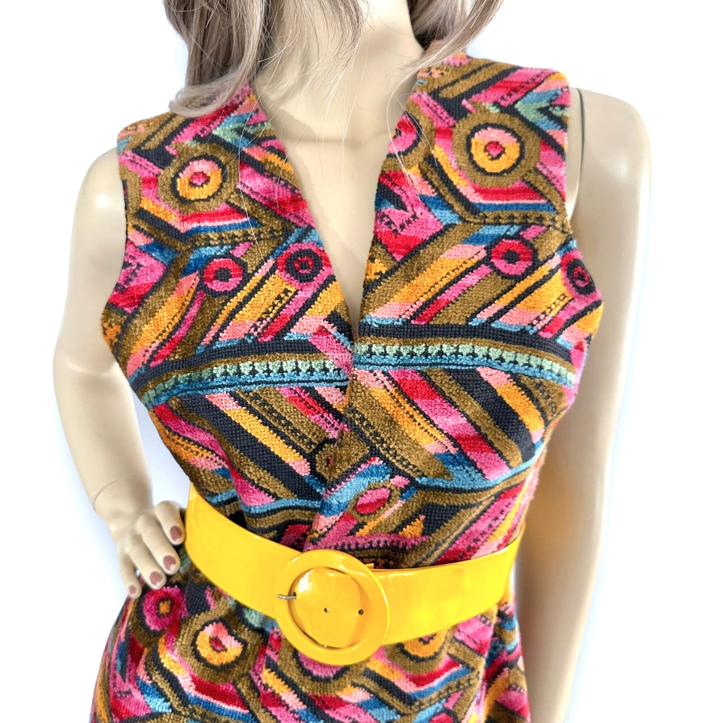 70s Vintage Pink Chenille Tribal Abstract Boho Tunic Vest Size M