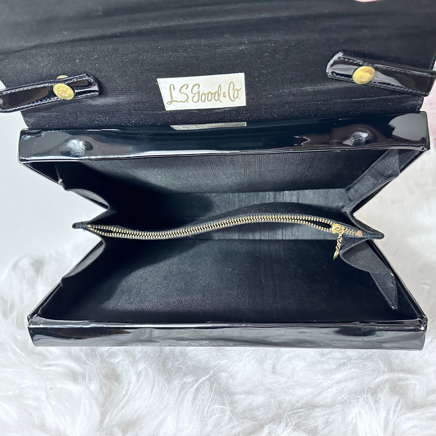 60s Vintage Ande' Black Faux Patent Leather Convertible Top Handle Bag