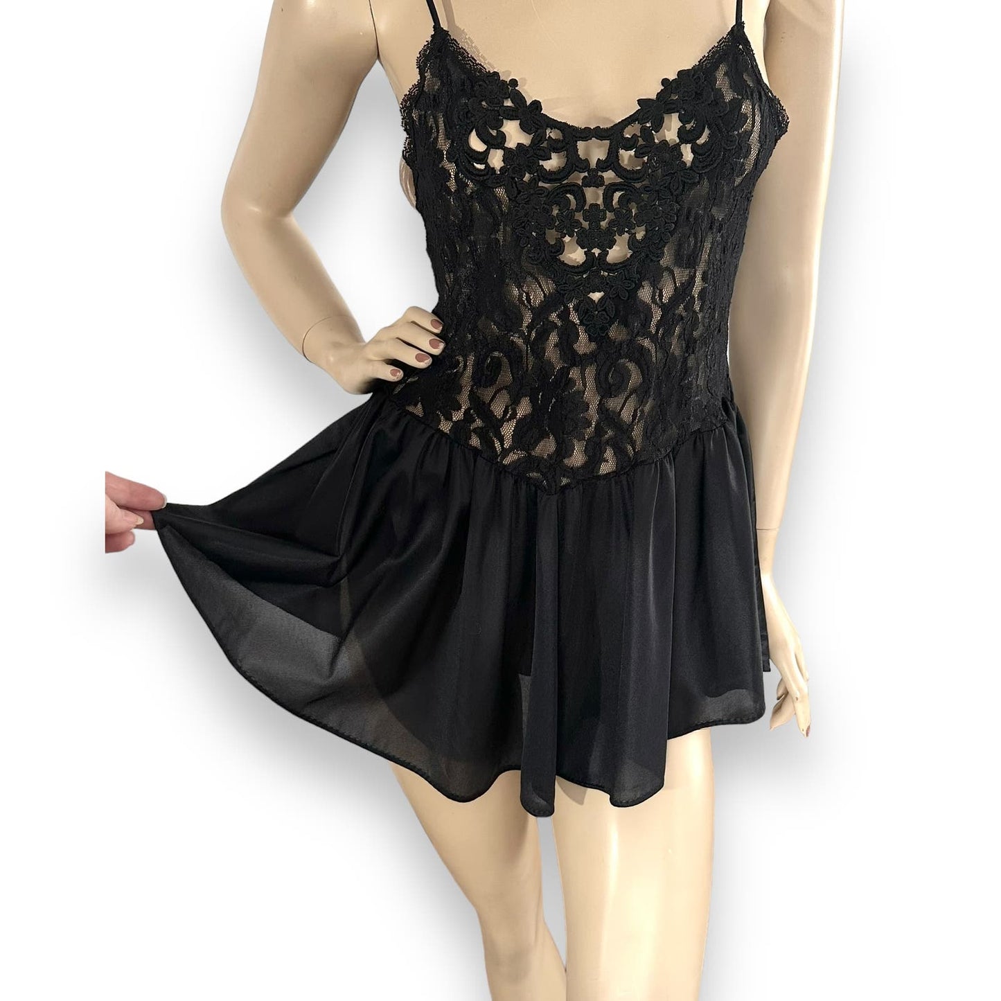 80s Vintage Black Satin & Lace Teddie Mini Slip Dress Size M