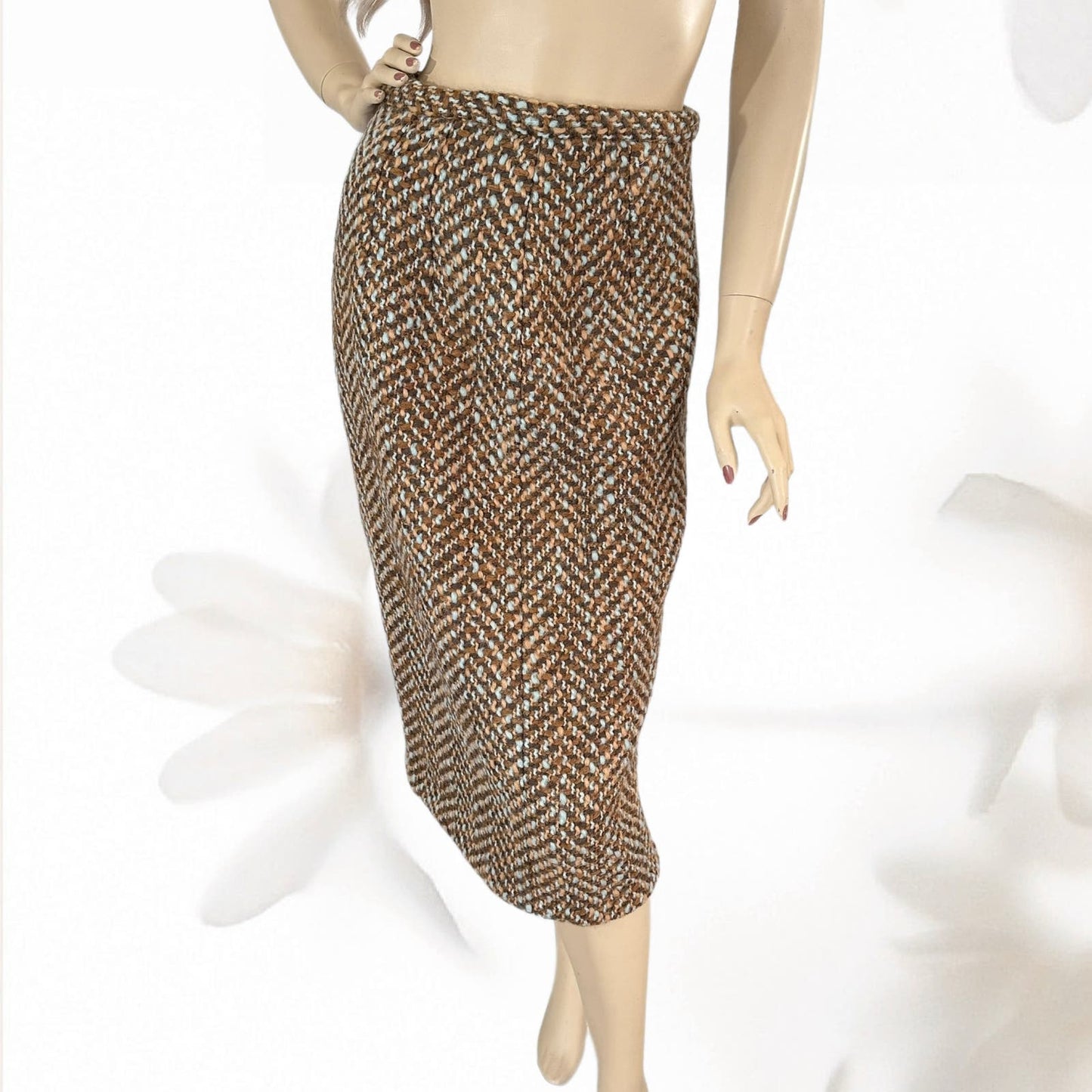 Vintage 60s Wool Tweed Herringbone Pencil Skirt Size M