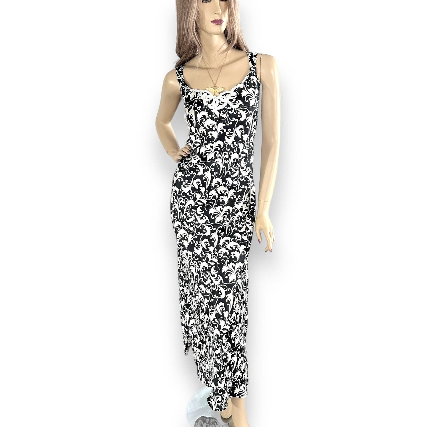 90s Vintage Black & White Satin Maxi Nightgown L