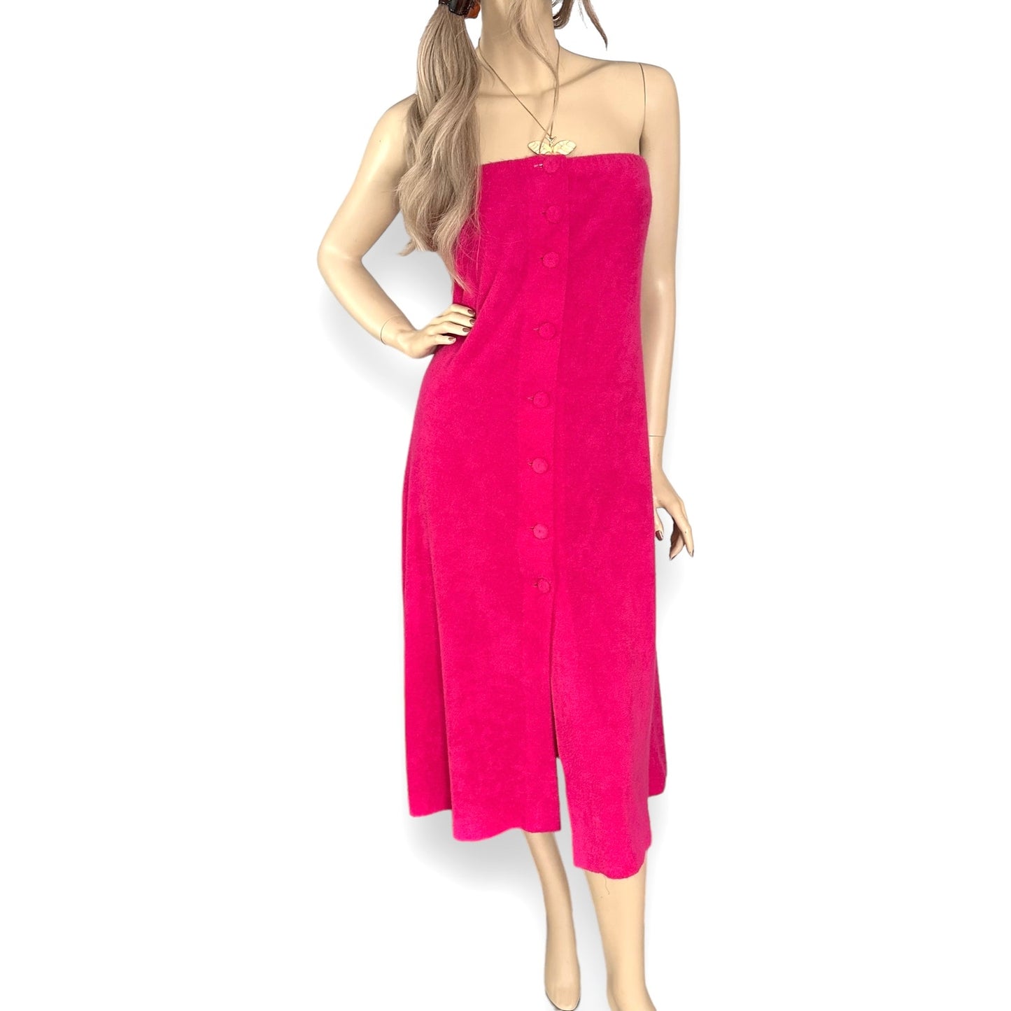 70s Vintage Pink Terrycloth Strapless Dress | Maxi Skirt | Coverup | Beachwear