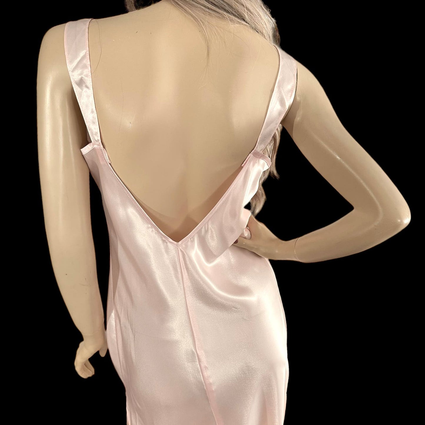 80s Vintage Peachy Pink Satin Open Back Nightgown Size M