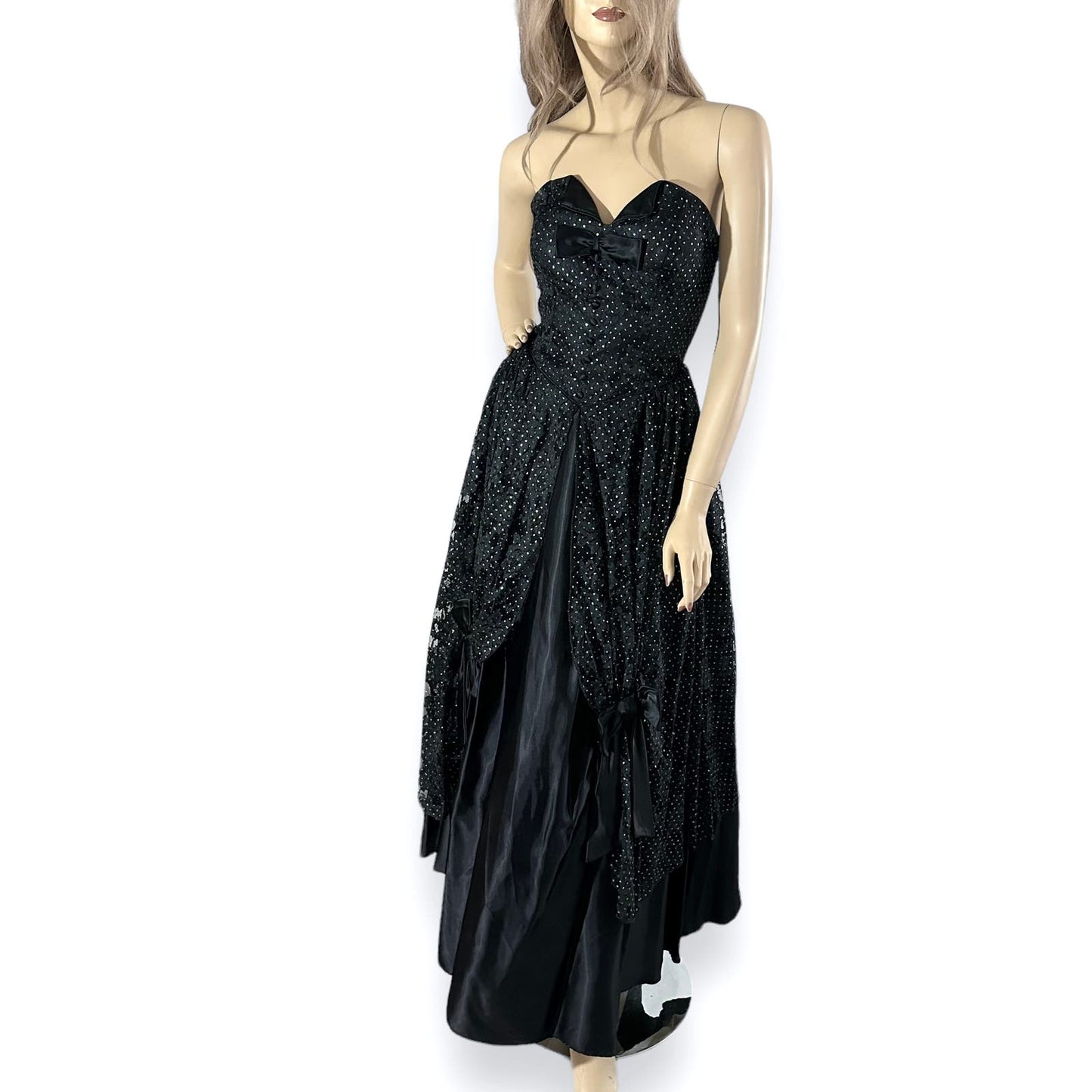 80s Vintage Satin & Lace Black Prom Wedding Dress Size XS