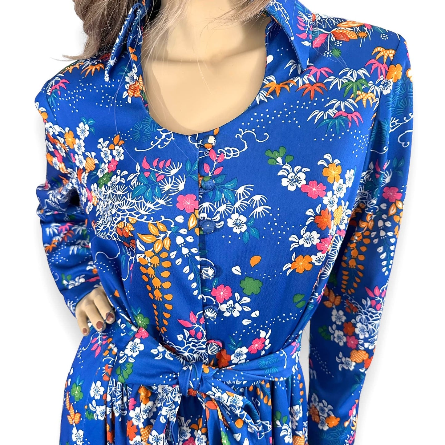 70s Vintage Yves Jennet Blue Floral Belted Maxi Dress Size L