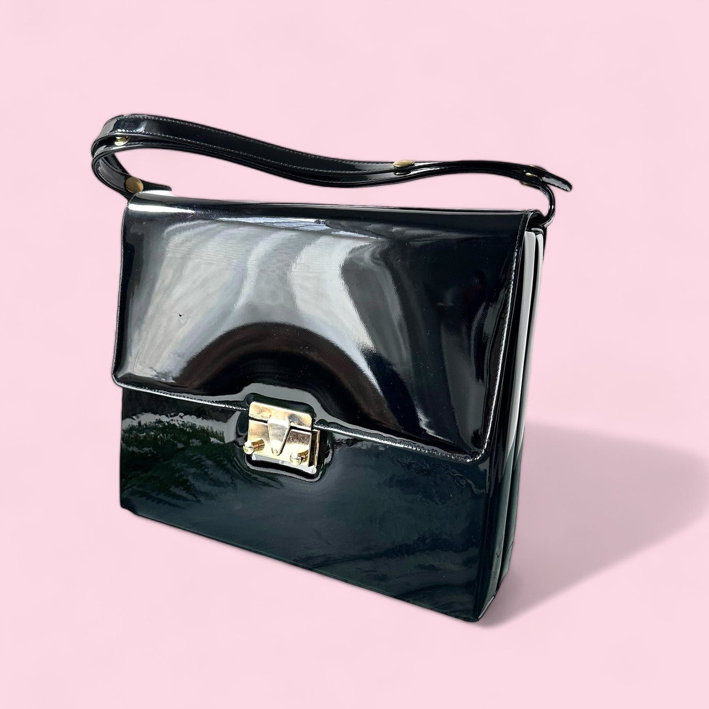 60s Vintage Ande' Black Faux Patent Leather Convertible Top Handle Bag