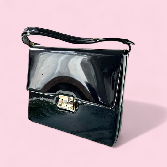 60s Vintage Ande' Black Faux Patent Leather Convertible Top Handle Bag