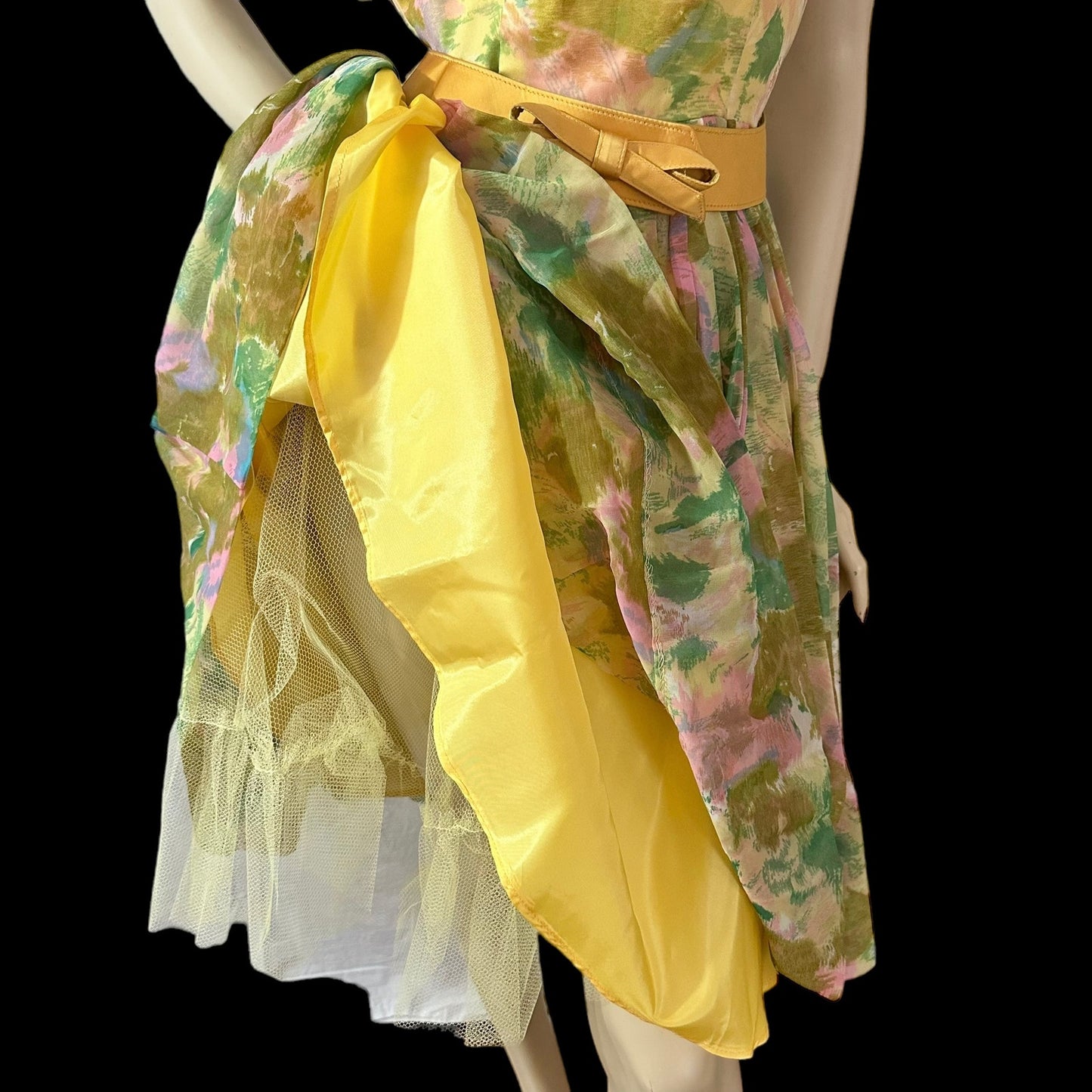 50s Vintage Gold Pleated Chiffon Belted Cocktail Dress Size Small