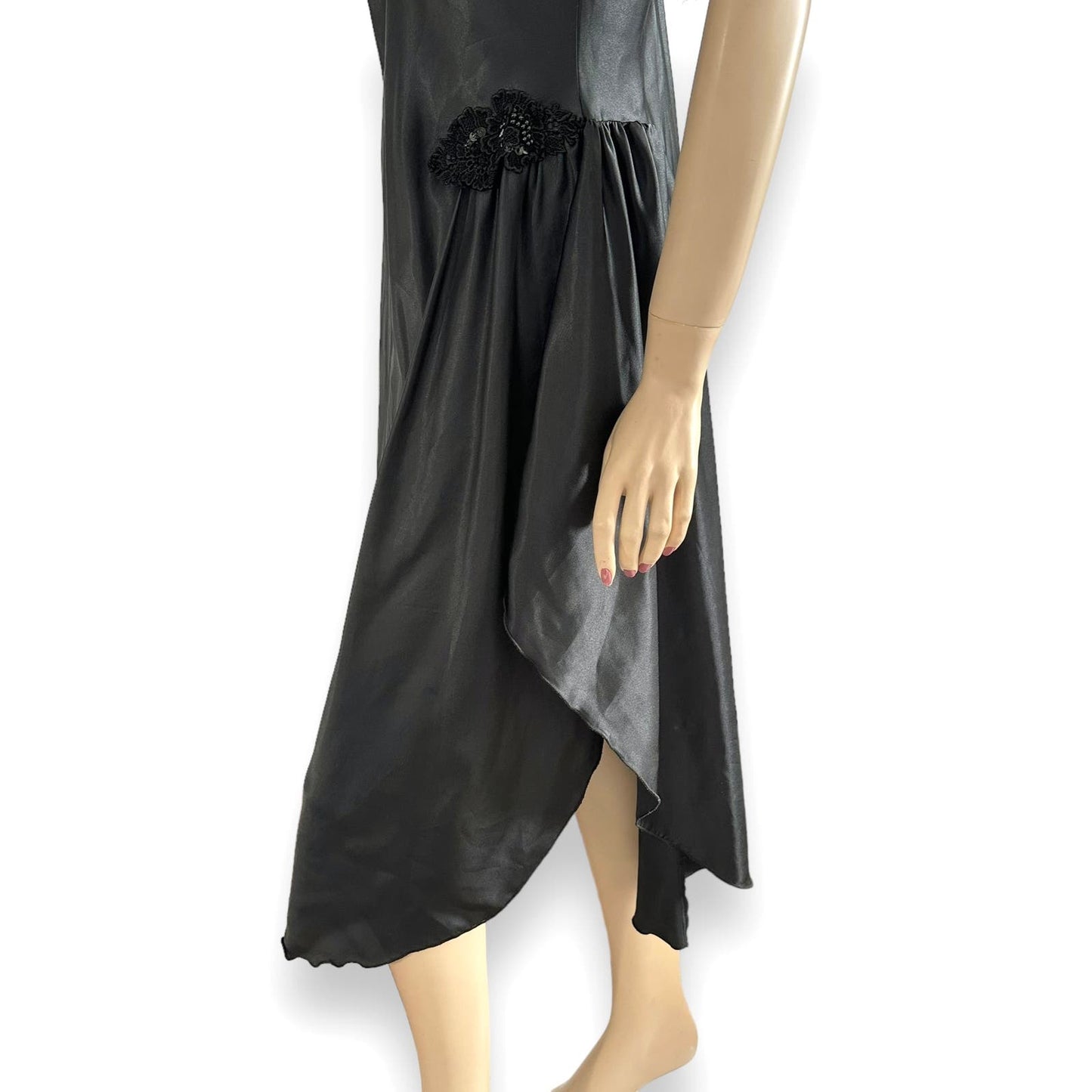 Vintage 80s Black Satin Night Dress Nightgown Size M
