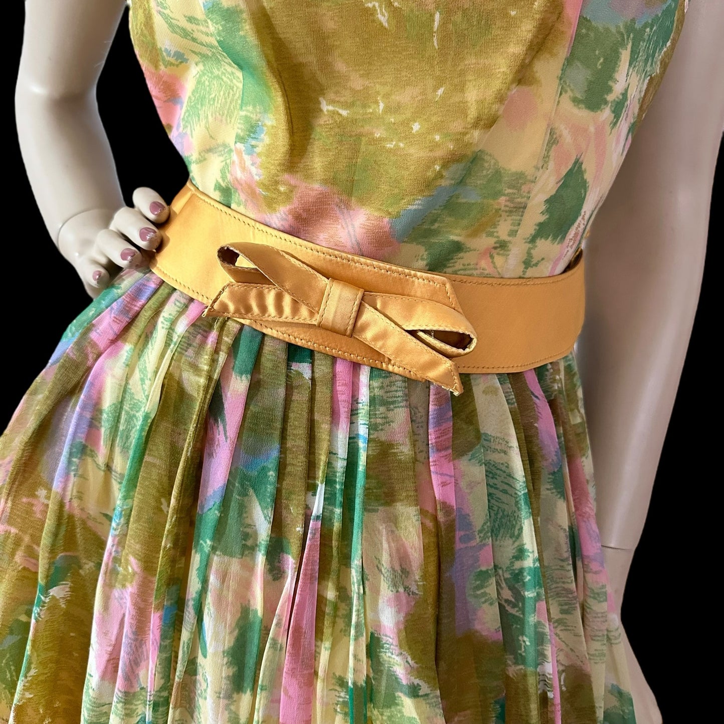 50s Vintage Gold Pleated Chiffon Belted Cocktail Dress Size Small