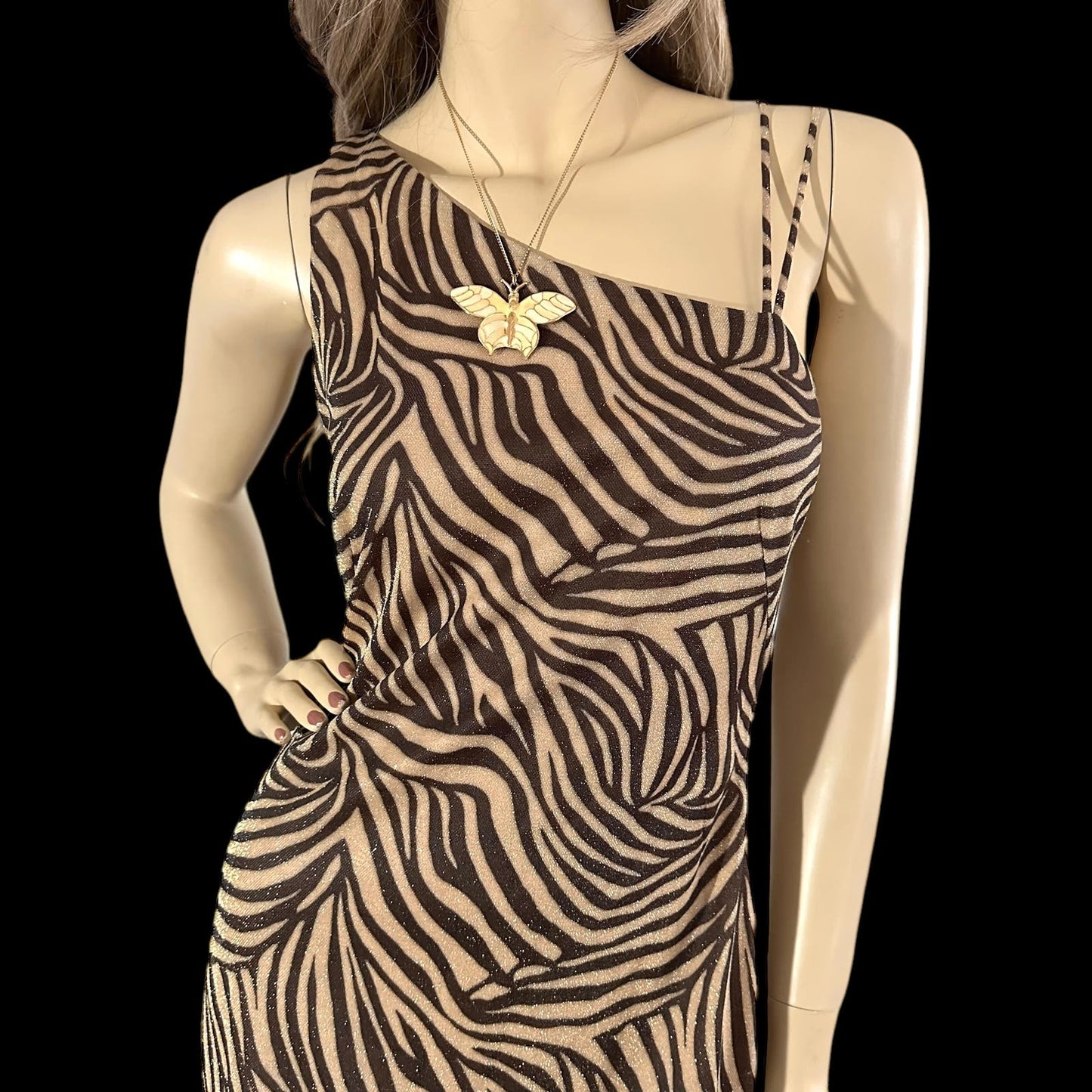 80s Vintage Cache Zebra One Shoulder Maxi Dress Size 6