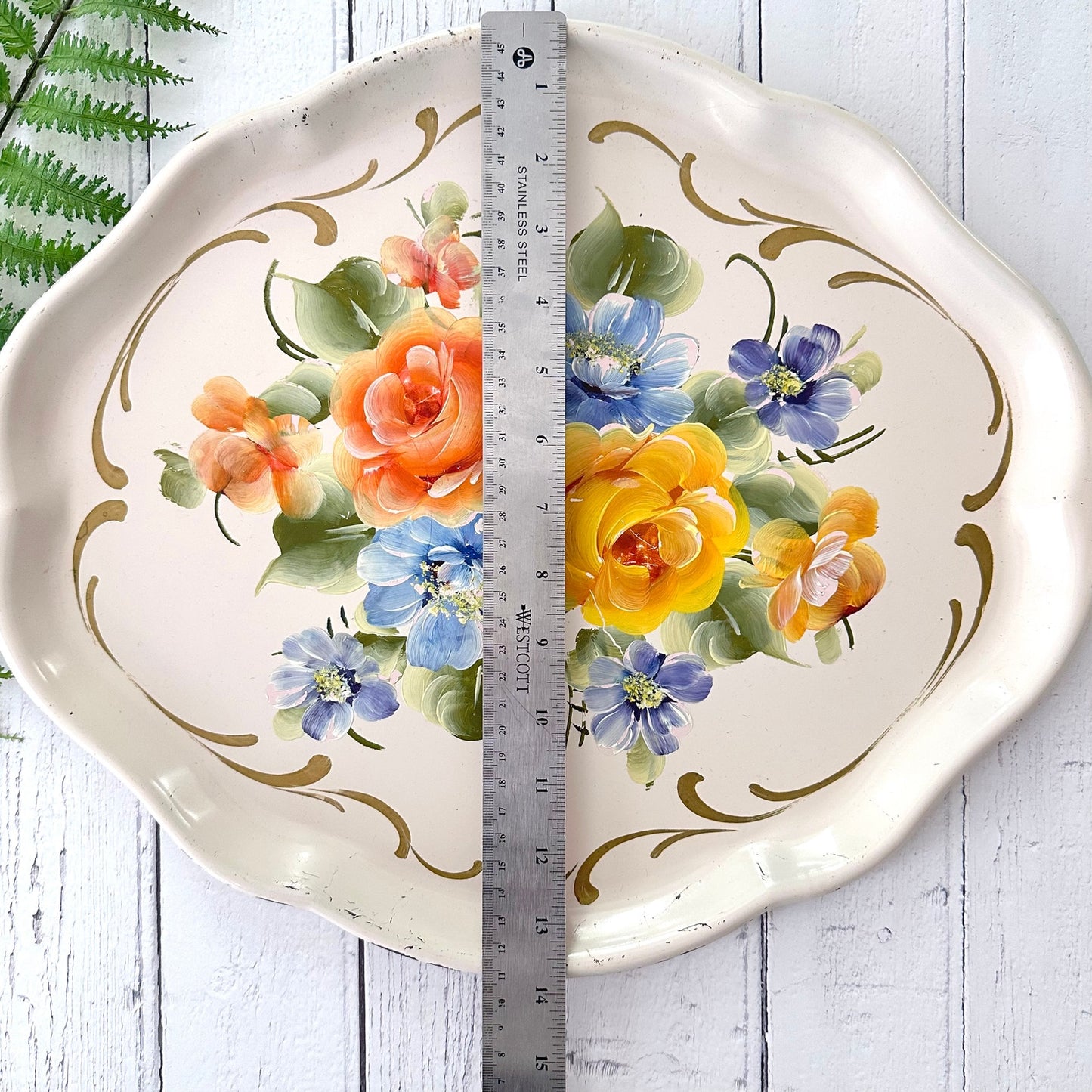 Vintage Hand Painted Toleware Tray Pale Cream Floral Cottage Farmhouse