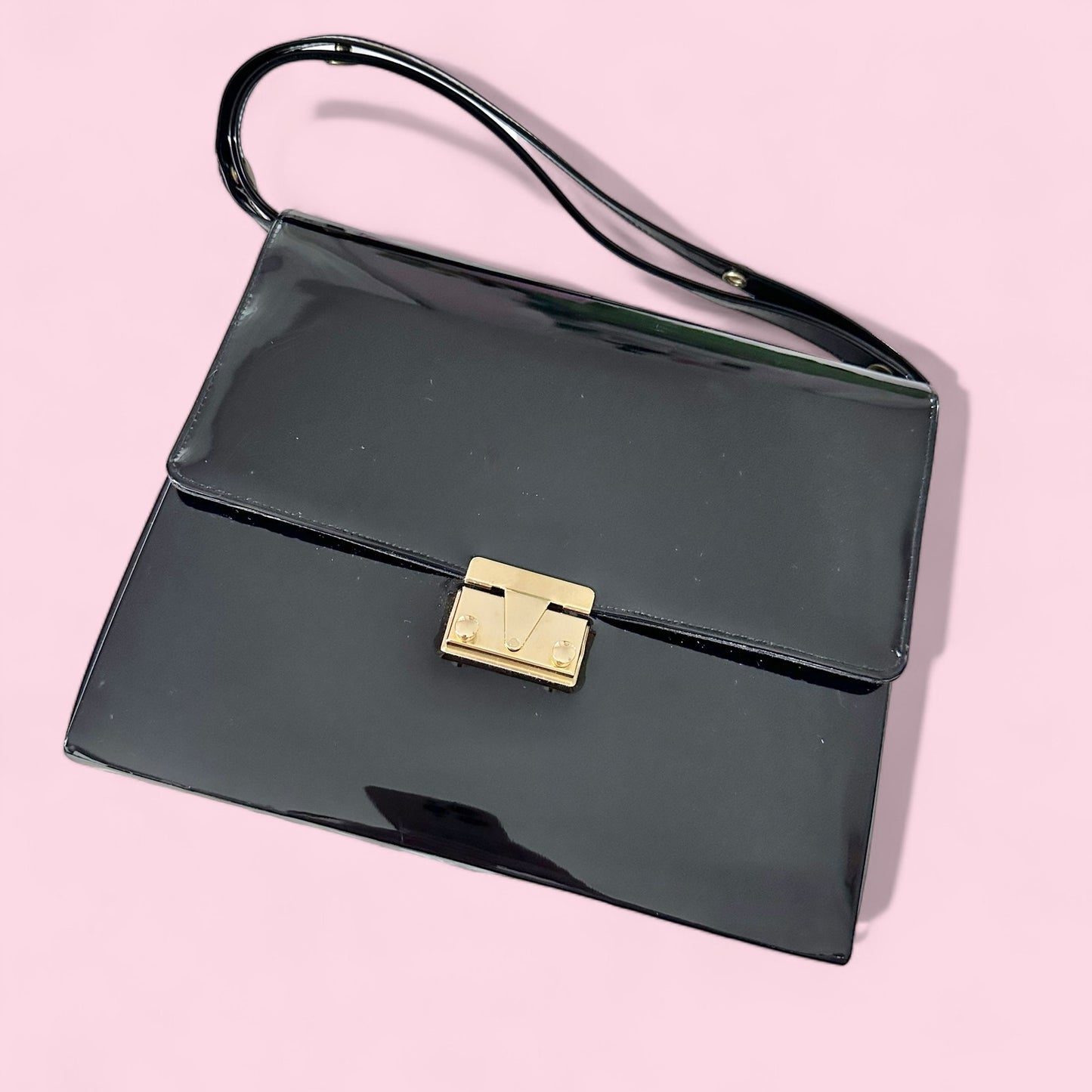 60s Vintage Ande' Black Faux Patent Leather Convertible Top Handle Bag