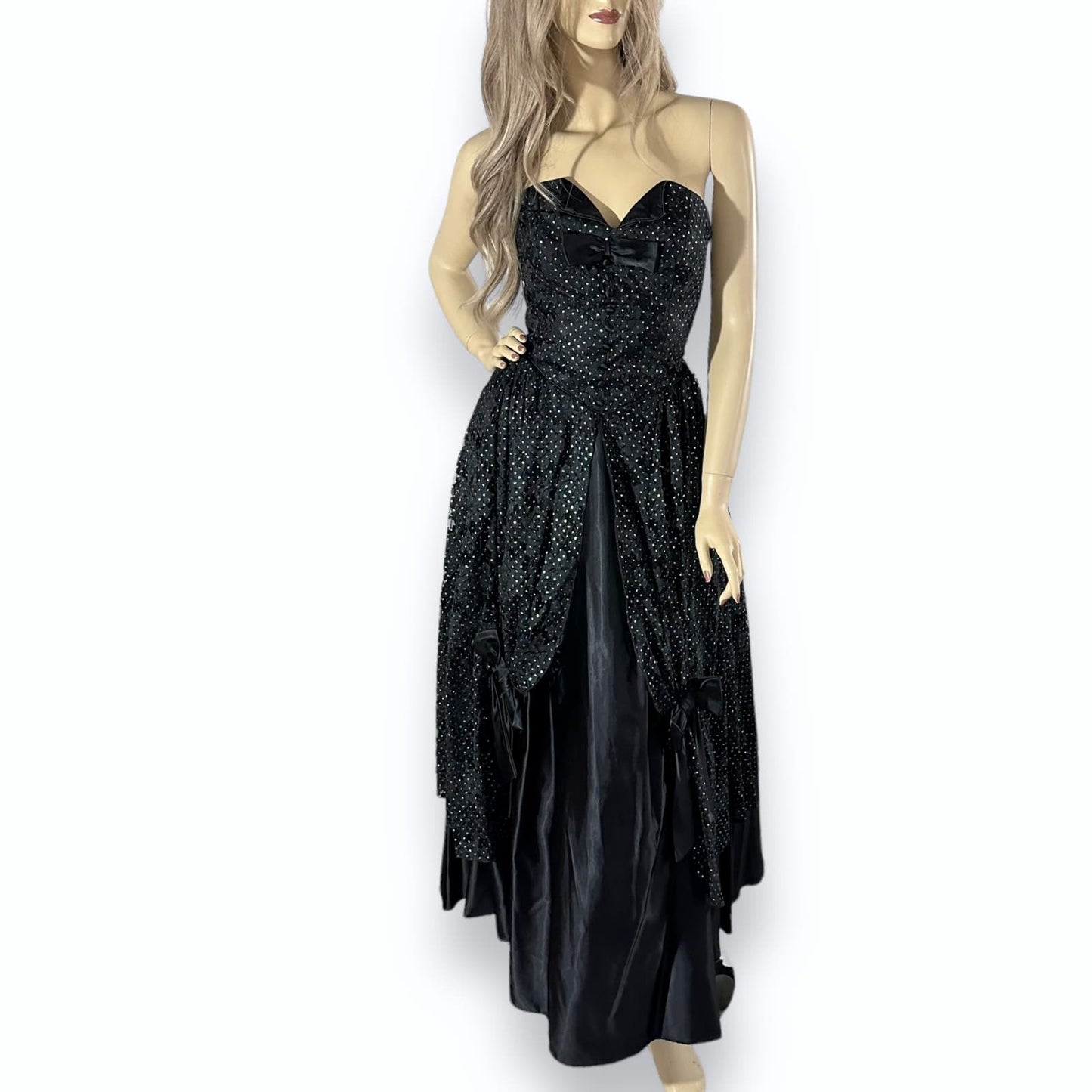80s Vintage Satin & Lace Black Prom Wedding Dress Size XS