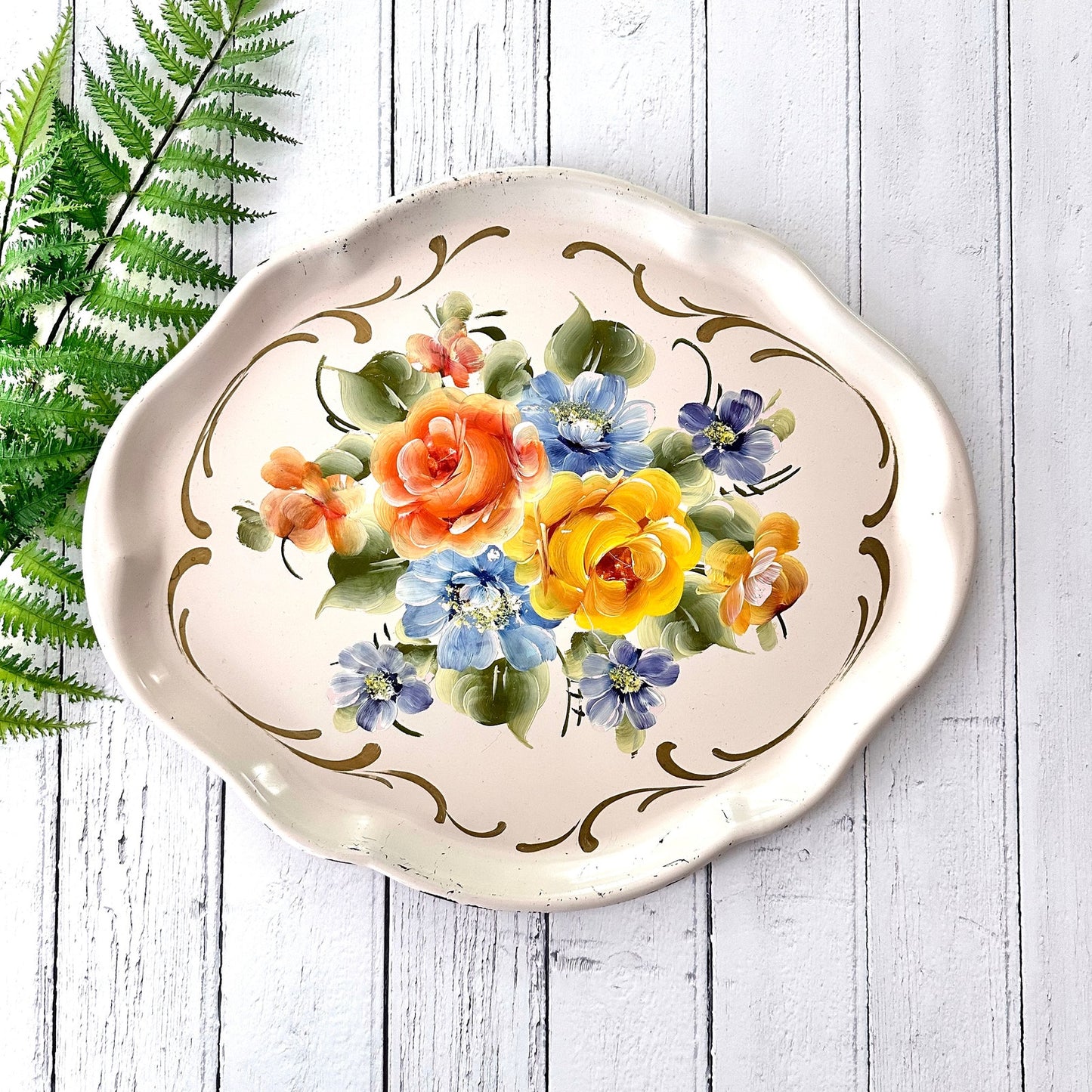 Vintage Hand Painted Toleware Tray Pale Cream Floral Cottage Farmhouse