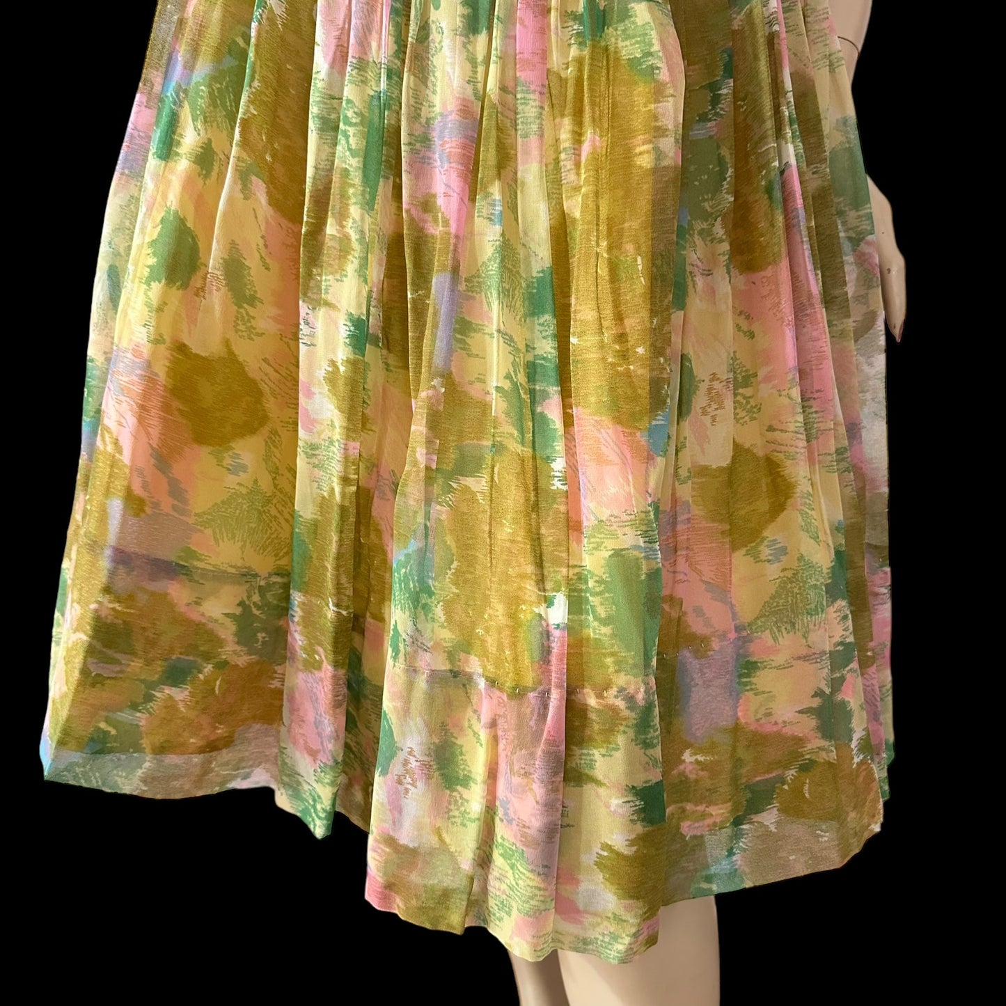 50s Vintage Gold Pleated Chiffon Belted Cocktail Dress Size Small