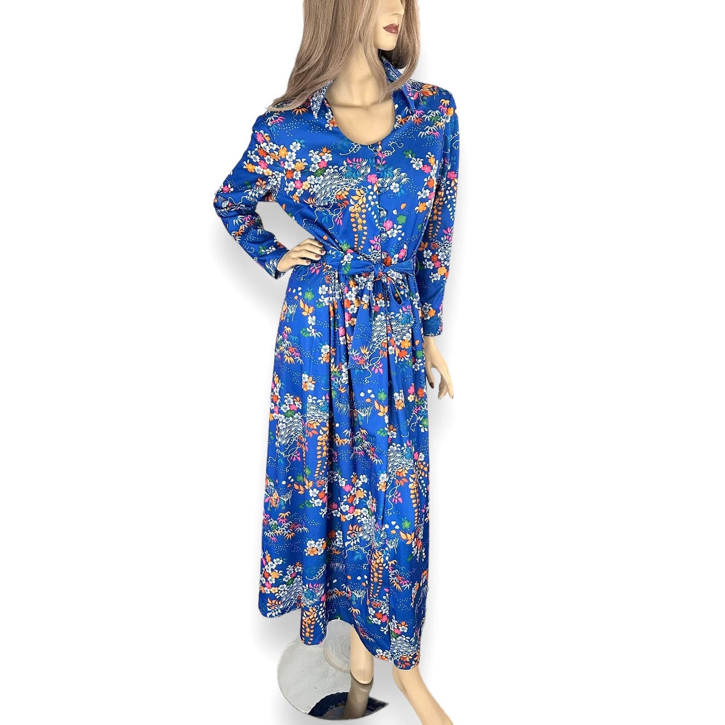 70s Vintage Yves Jennet Blue Floral Belted Maxi Dress Size L