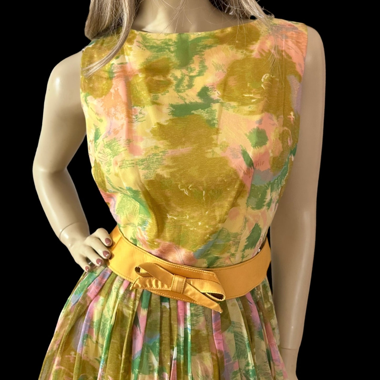 50s Vintage Gold Pleated Chiffon Belted Cocktail Dress Size Small