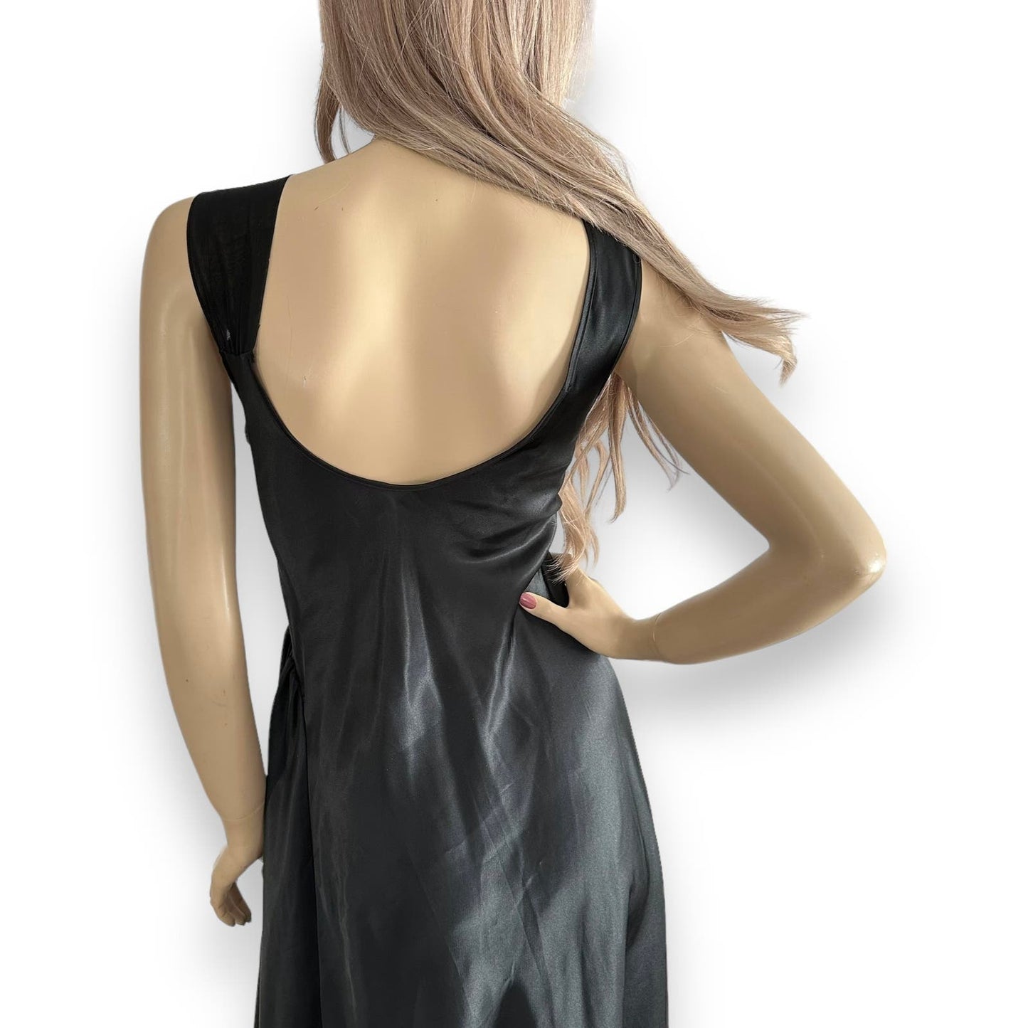 Vintage 80s Black Satin Night Dress Nightgown Size M