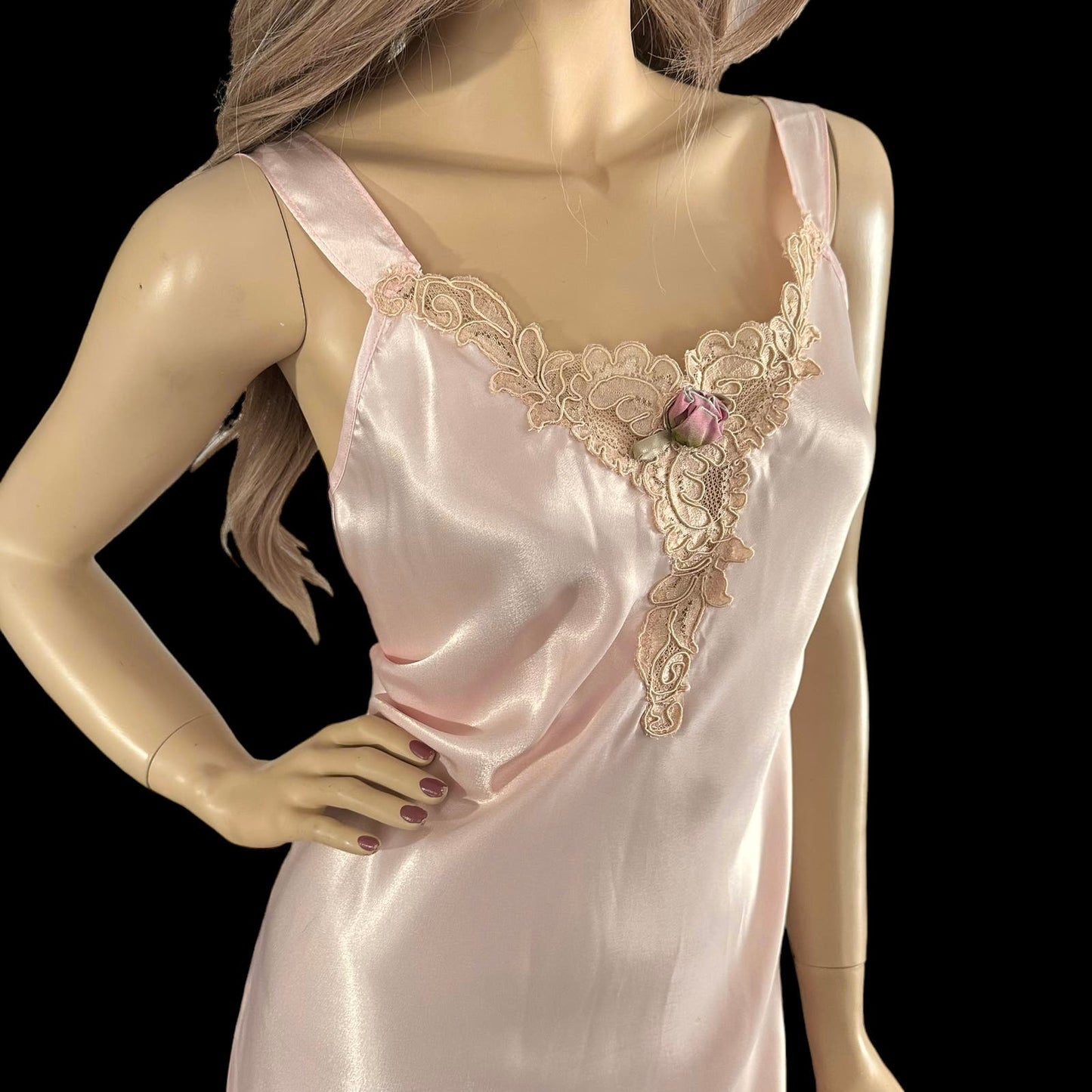 80s Vintage Peachy Pink Satin Open Back Nightgown Size M