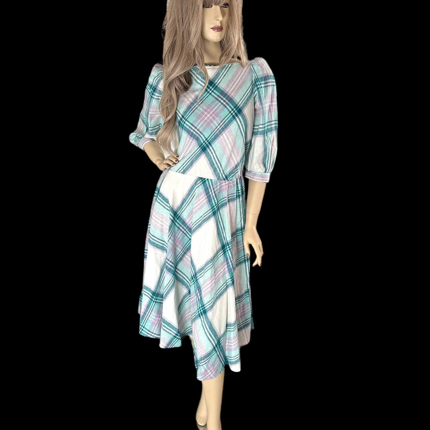 80s Vintage Teal & Lilac Plaid Wool Midi Dress Size S