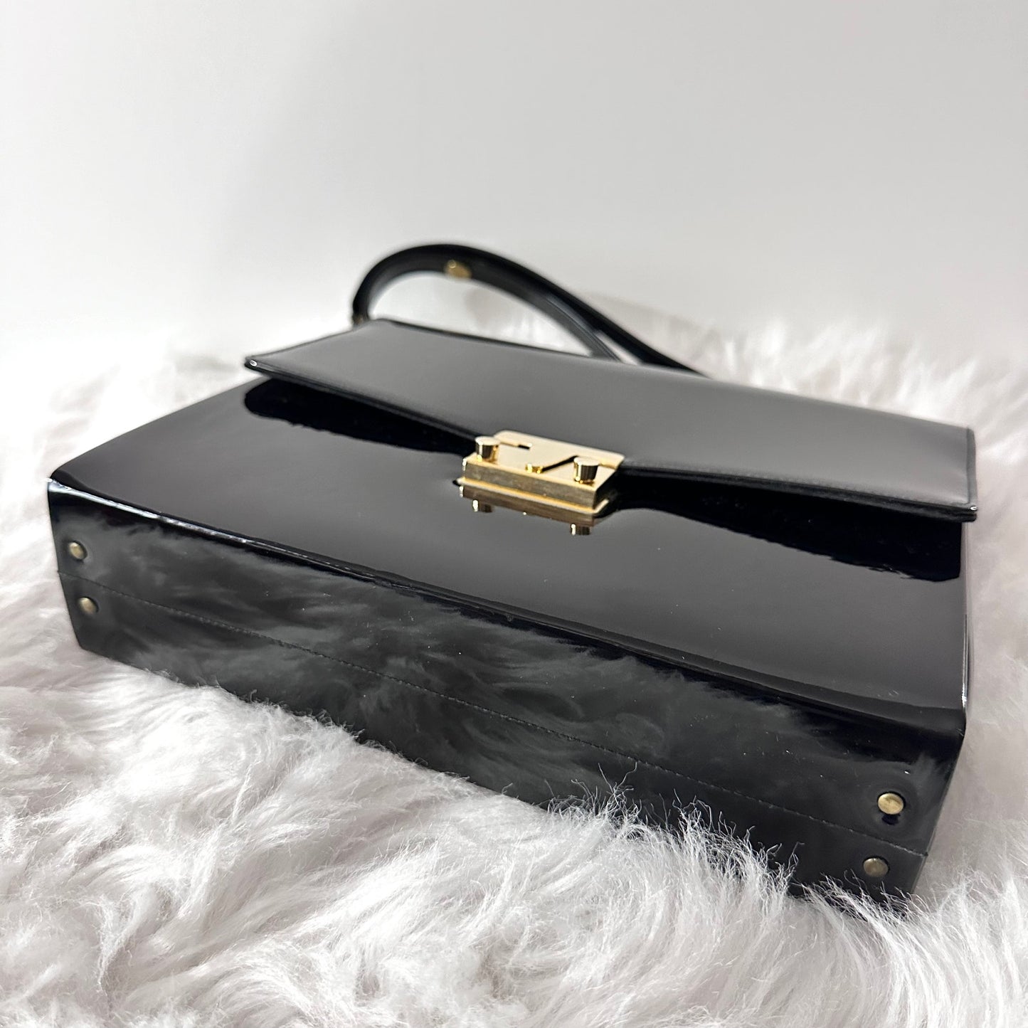 60s Vintage Ande' Black Faux Patent Leather Convertible Top Handle Bag