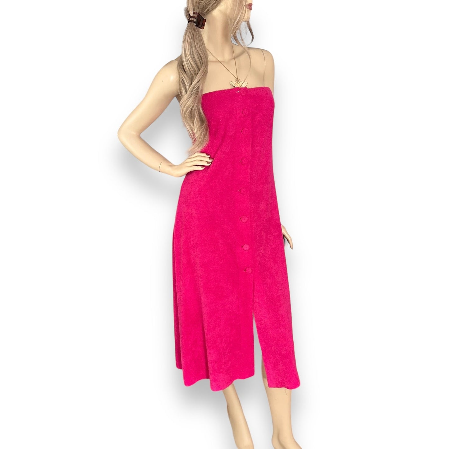 70s Vintage Pink Terrycloth Strapless Dress | Maxi Skirt | Coverup | Beachwear