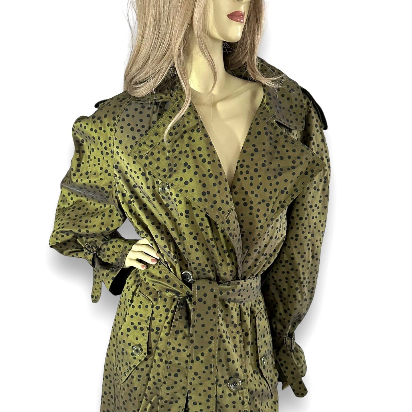 Jones New York Vintage 80s Iridescent Green Dotted Trench Coat XL