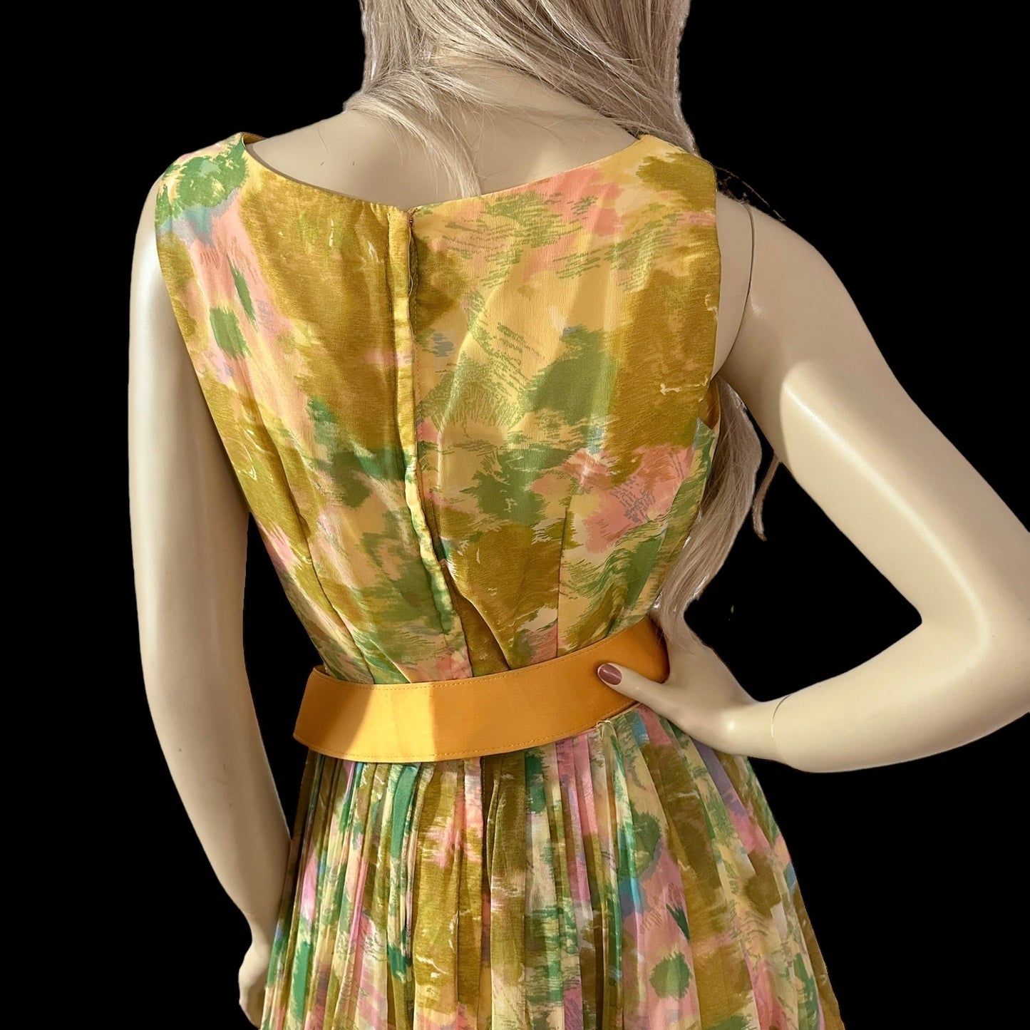 50s Vintage Gold Pleated Chiffon Belted Cocktail Dress Size Small