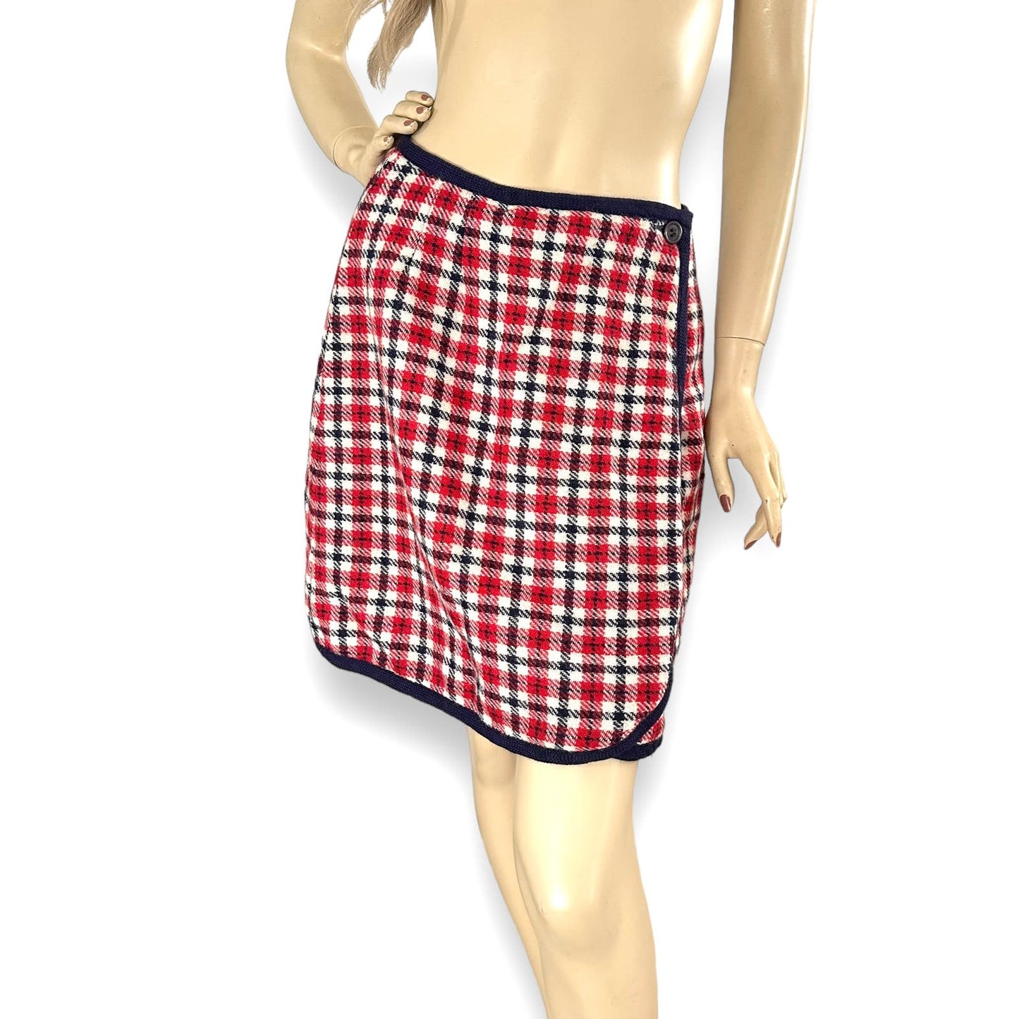 60s Red White Blue Shetland Tweed Scottish Wrap Mini Skirt Size M