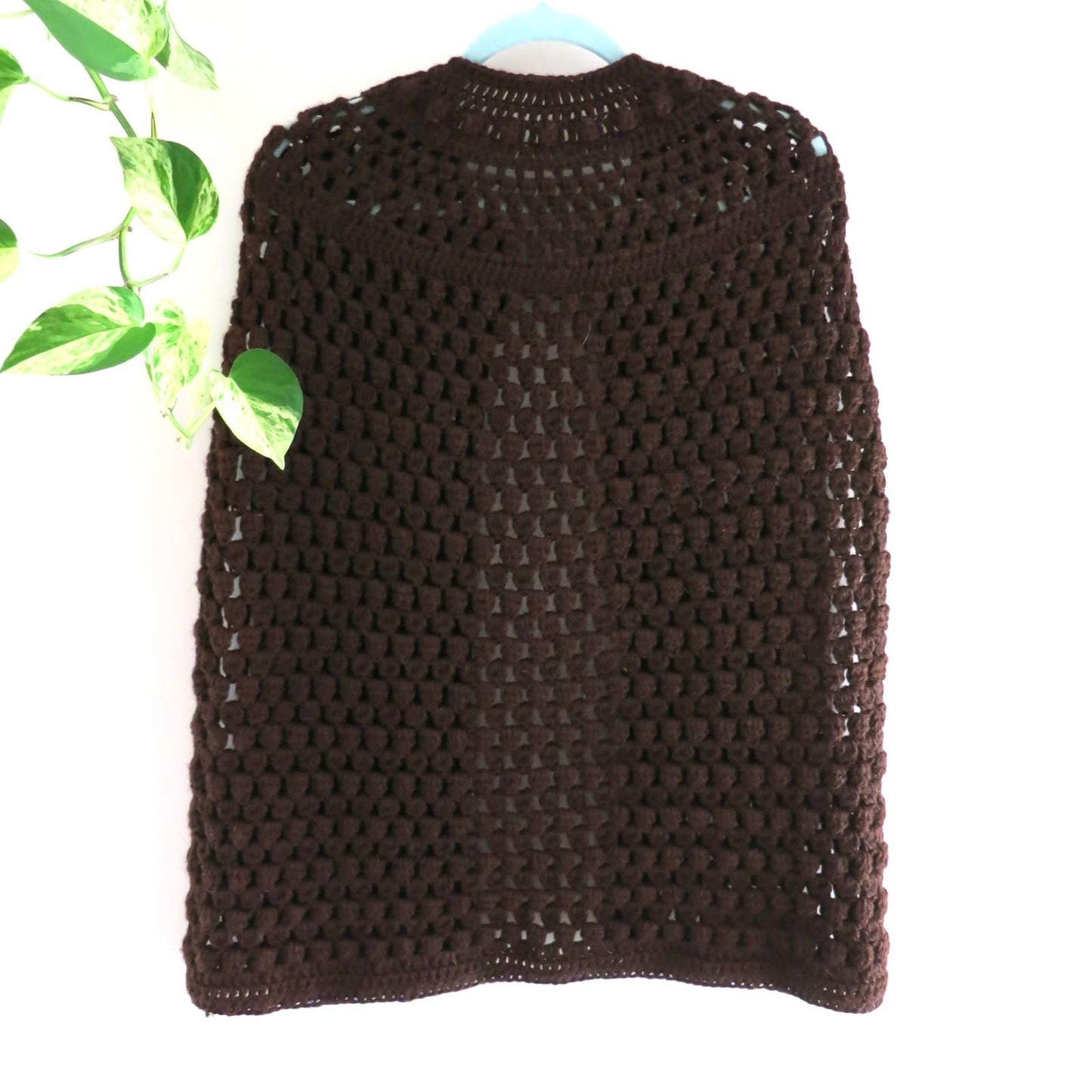 70s VTG Dark Brown Hand Crochet Open Front Wrap