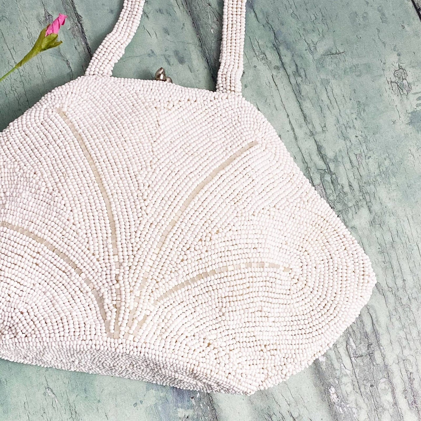 50s White Glass Beaded Top Handle Evening Bag