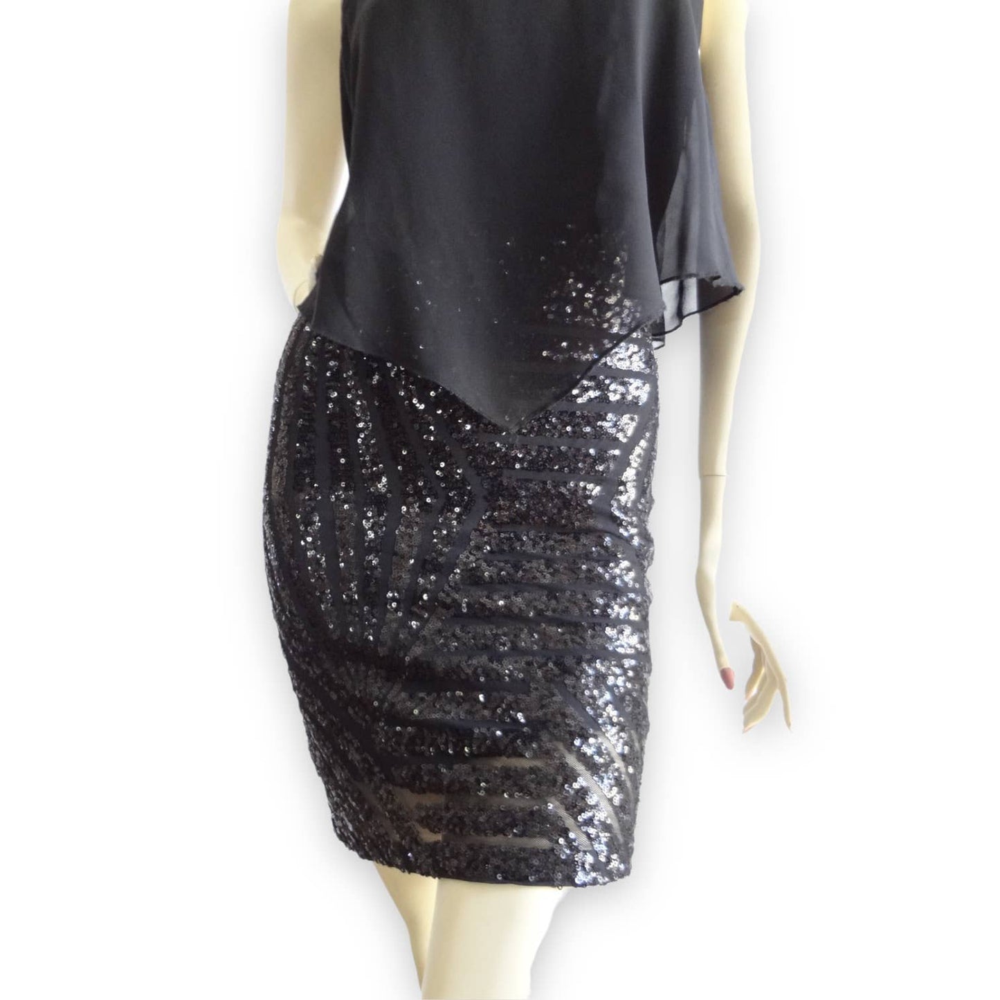 90s Vintage DEB Black Sequin Cocktail Dress S