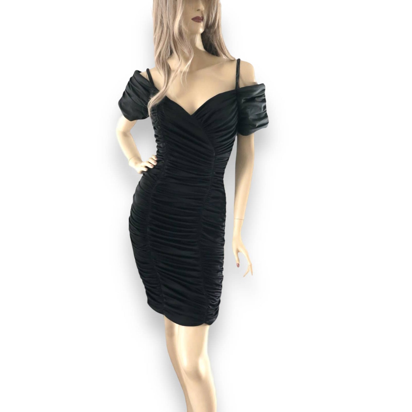80s Vintage Black Zum Zum Ruched Wiggle Dress M