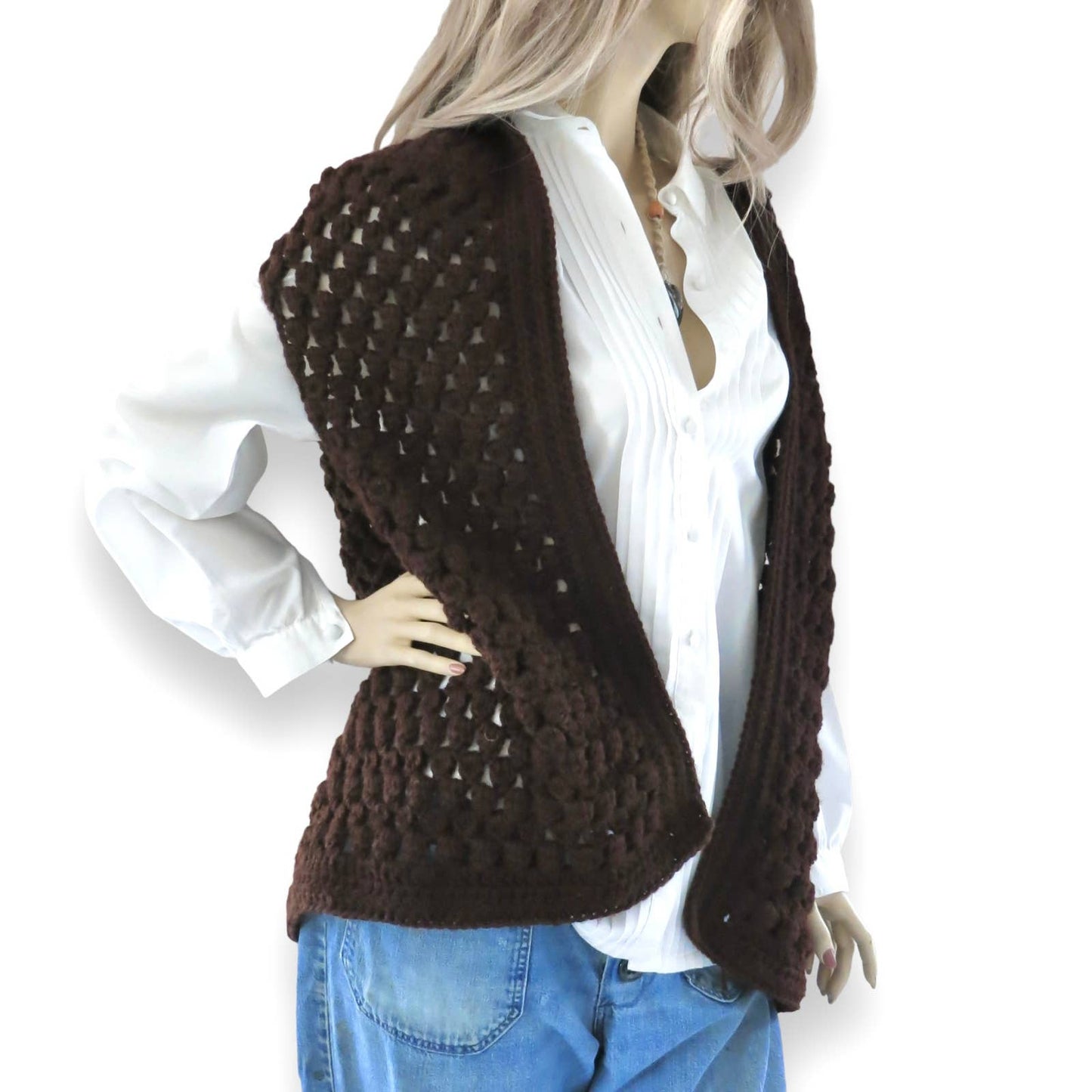 70s VTG Dark Brown Hand Crochet Open Front Wrap