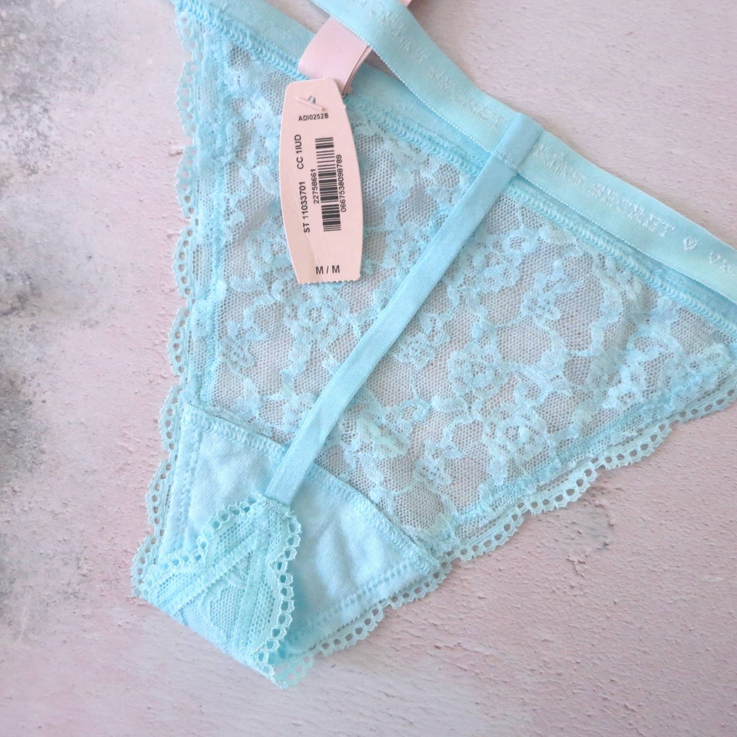 NWT Victoria's Secret Ice Blue Nylon Lace V String Panties M