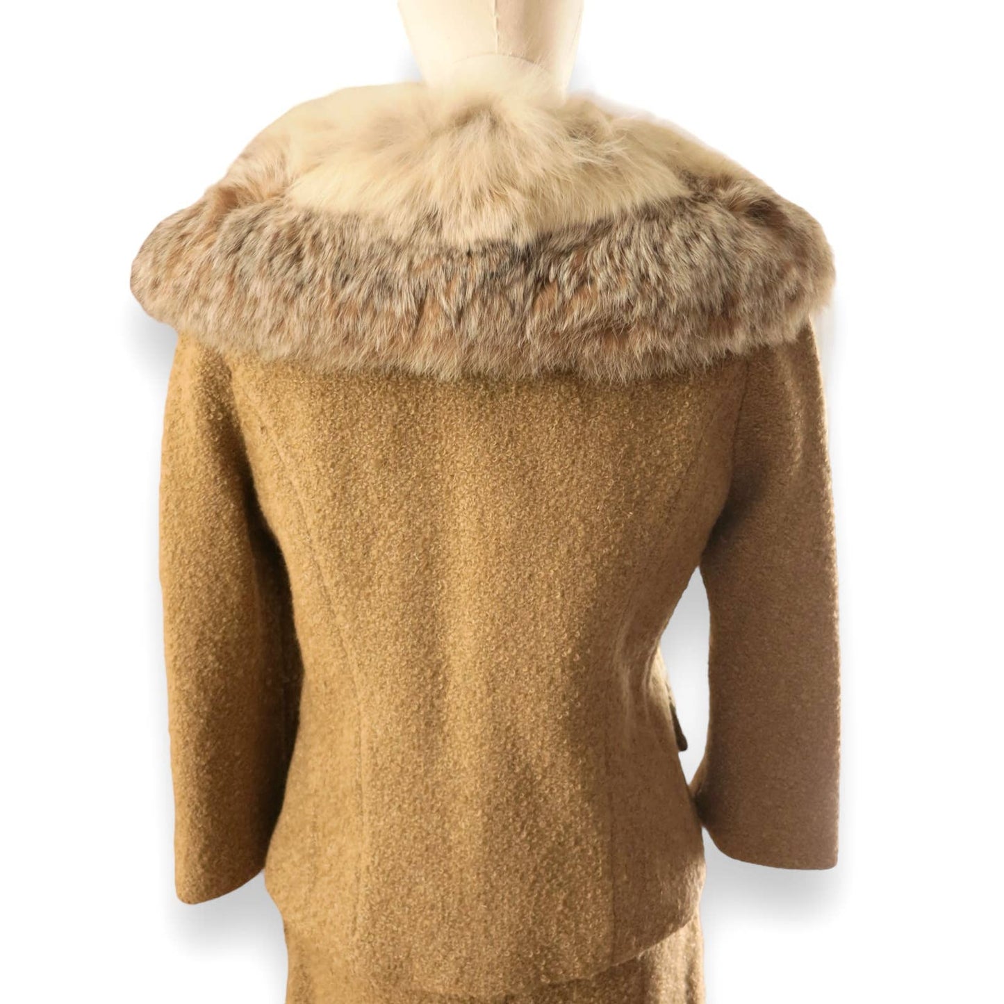 50s Vintage I.Magnin Fur Trimmed Camel Boucle' Wool Skirt Suit M