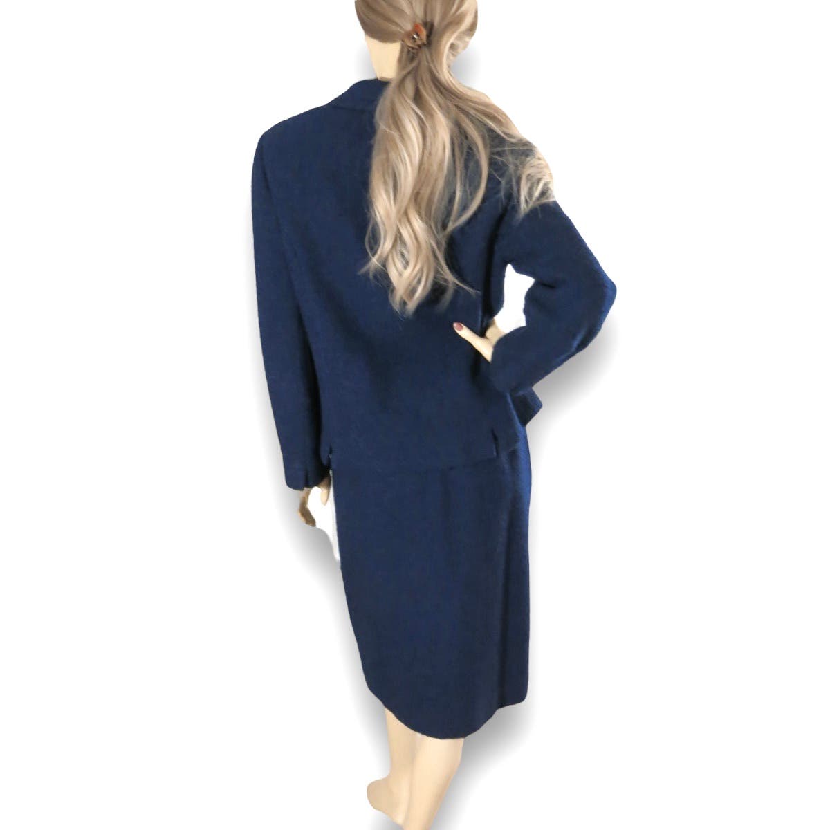 Vintage 1950s Navy Blue Wool Tweed Skirt Suit Size M