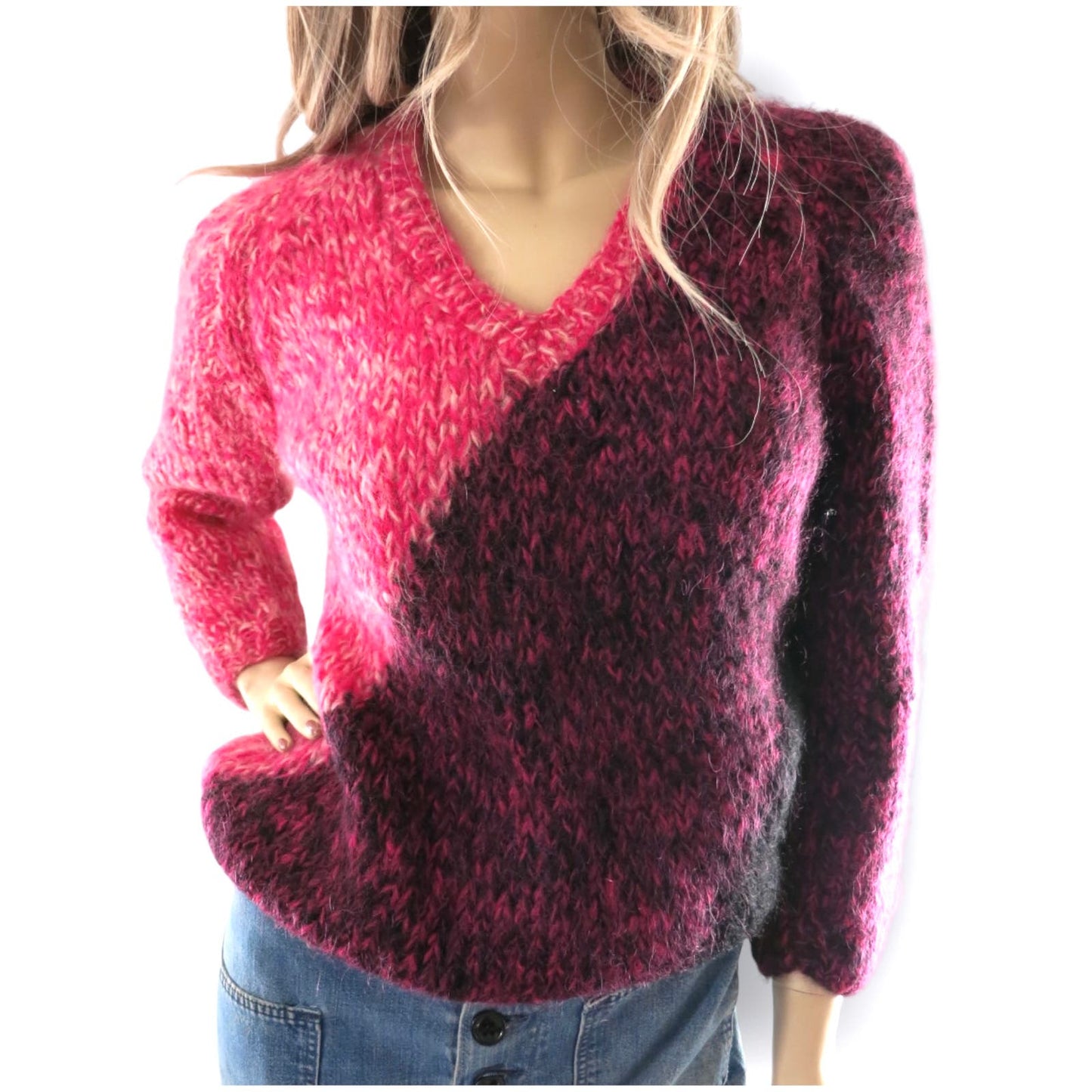 Vintage 1950s Bobbie Brooks Colorblock Pink Italian Mohair Sweater L