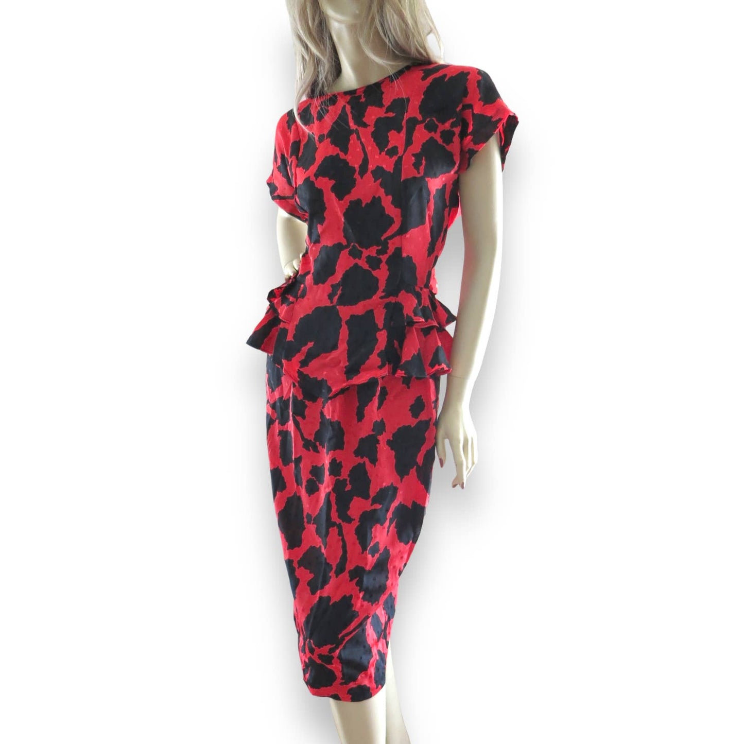 80s Red Animal Print Peplum Top & Skirt Set M/L