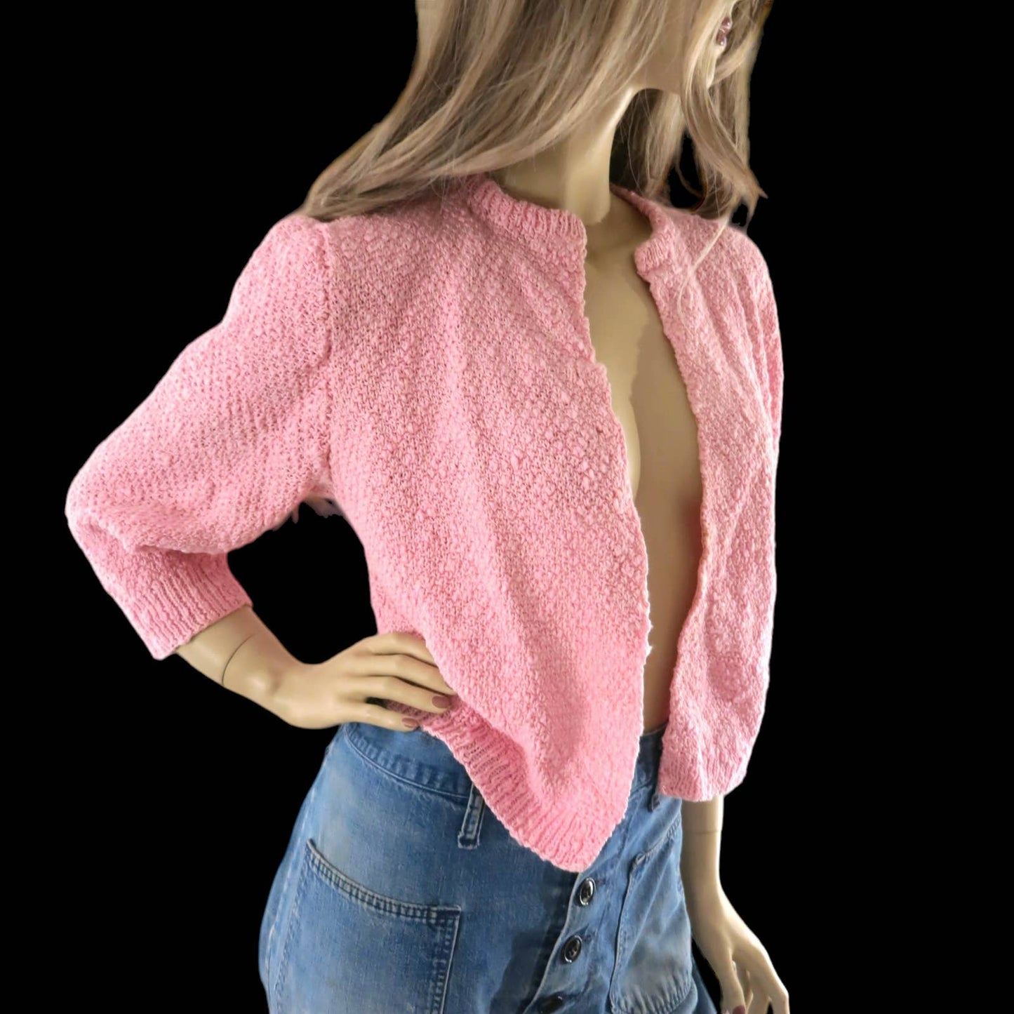 50s Vintage Pink Knit Cropped Open Front Cardigan M/L