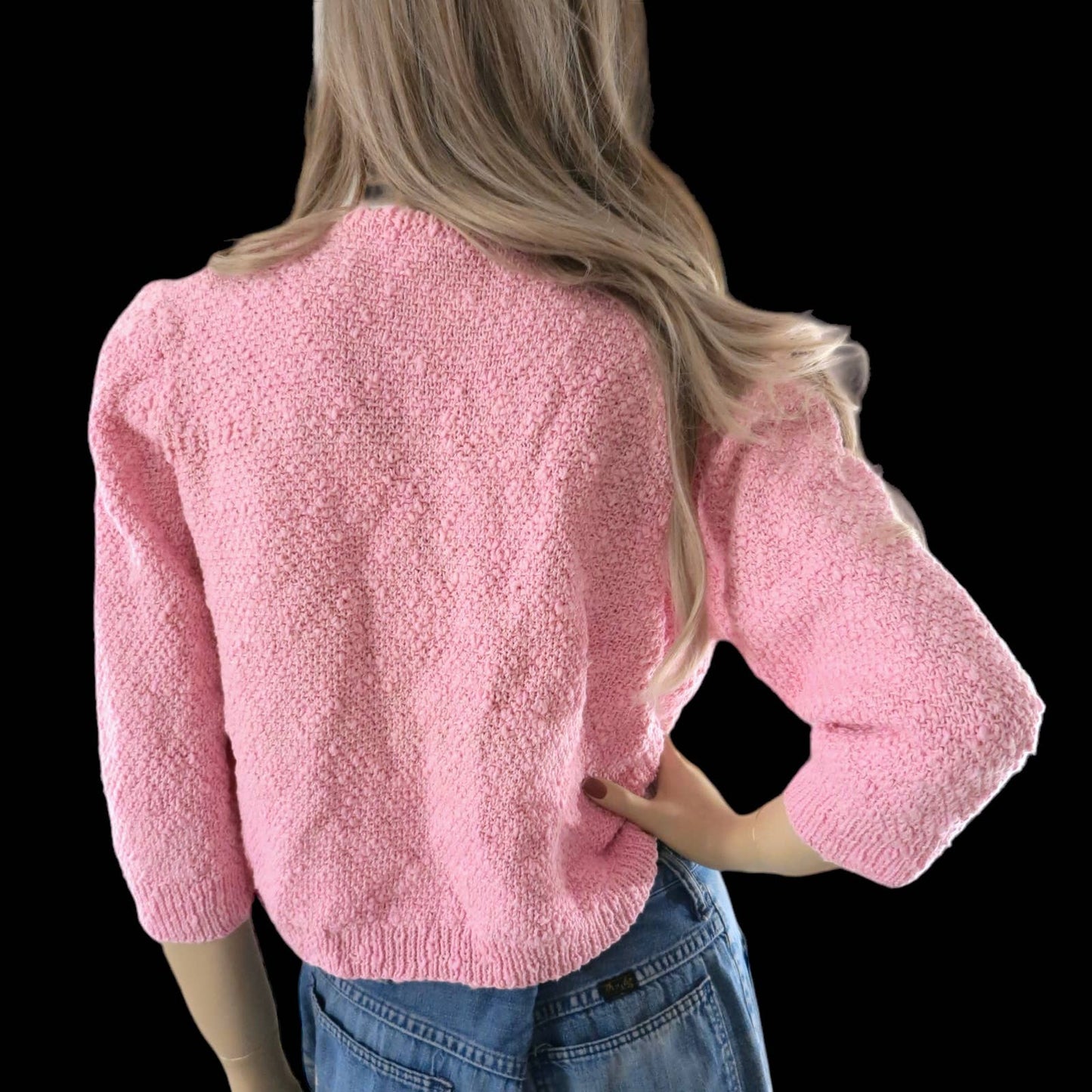 50s Vintage Pink Knit Cropped Open Front Cardigan M/L