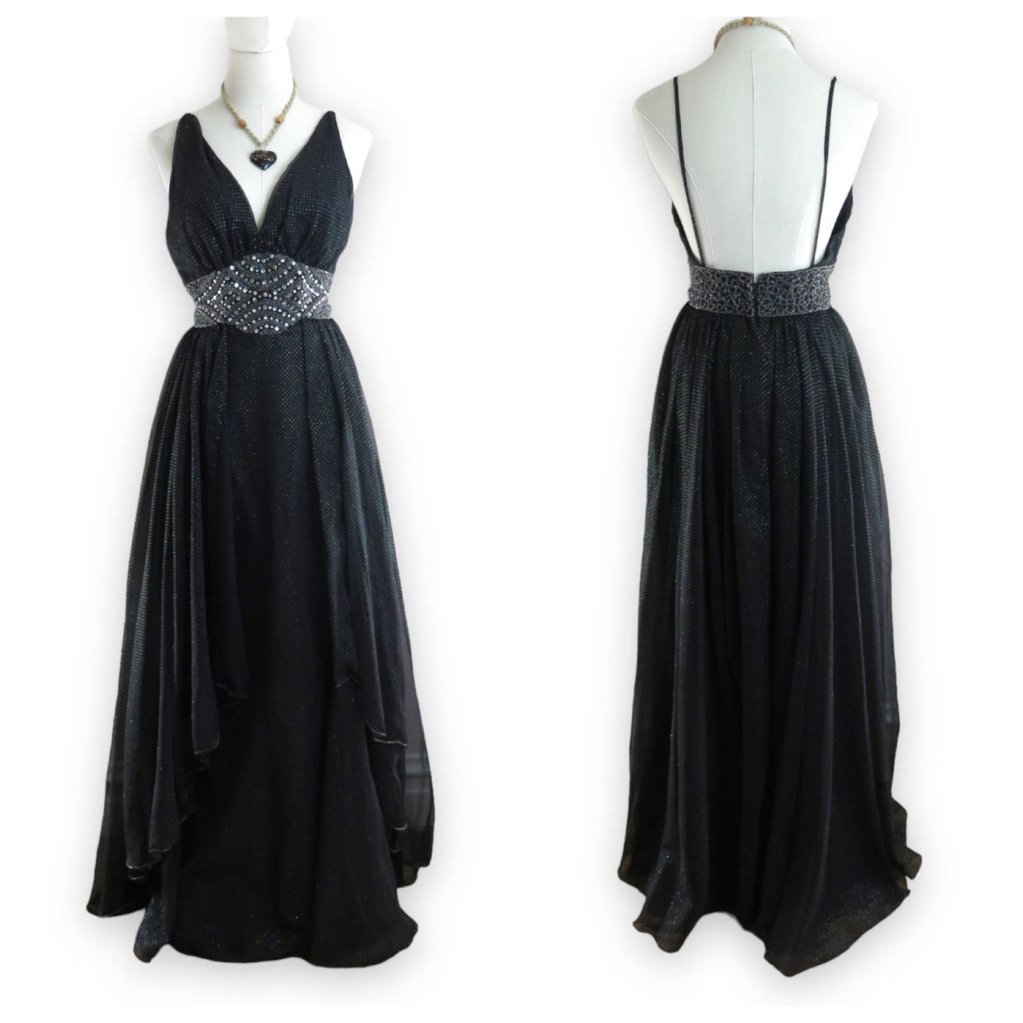 80s VTG Black Crystal Embellished Evening Gown S/M