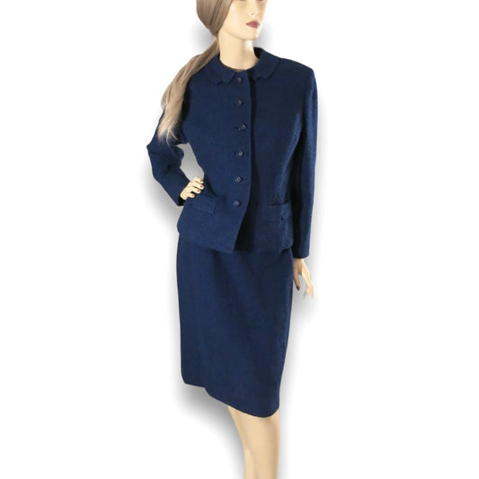 Vintage 1950s Navy Blue Wool Tweed Skirt Suit Size M
